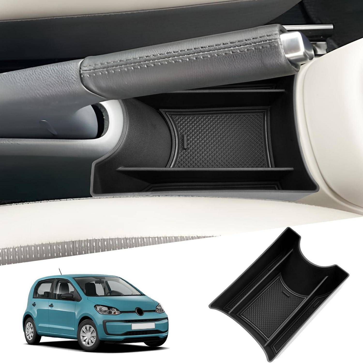 Organizer für die Mittelkonsole des Autos, installiert unter der Armlehne, mit einem kleinen blauen Schrägheck als Produktbeispiel.