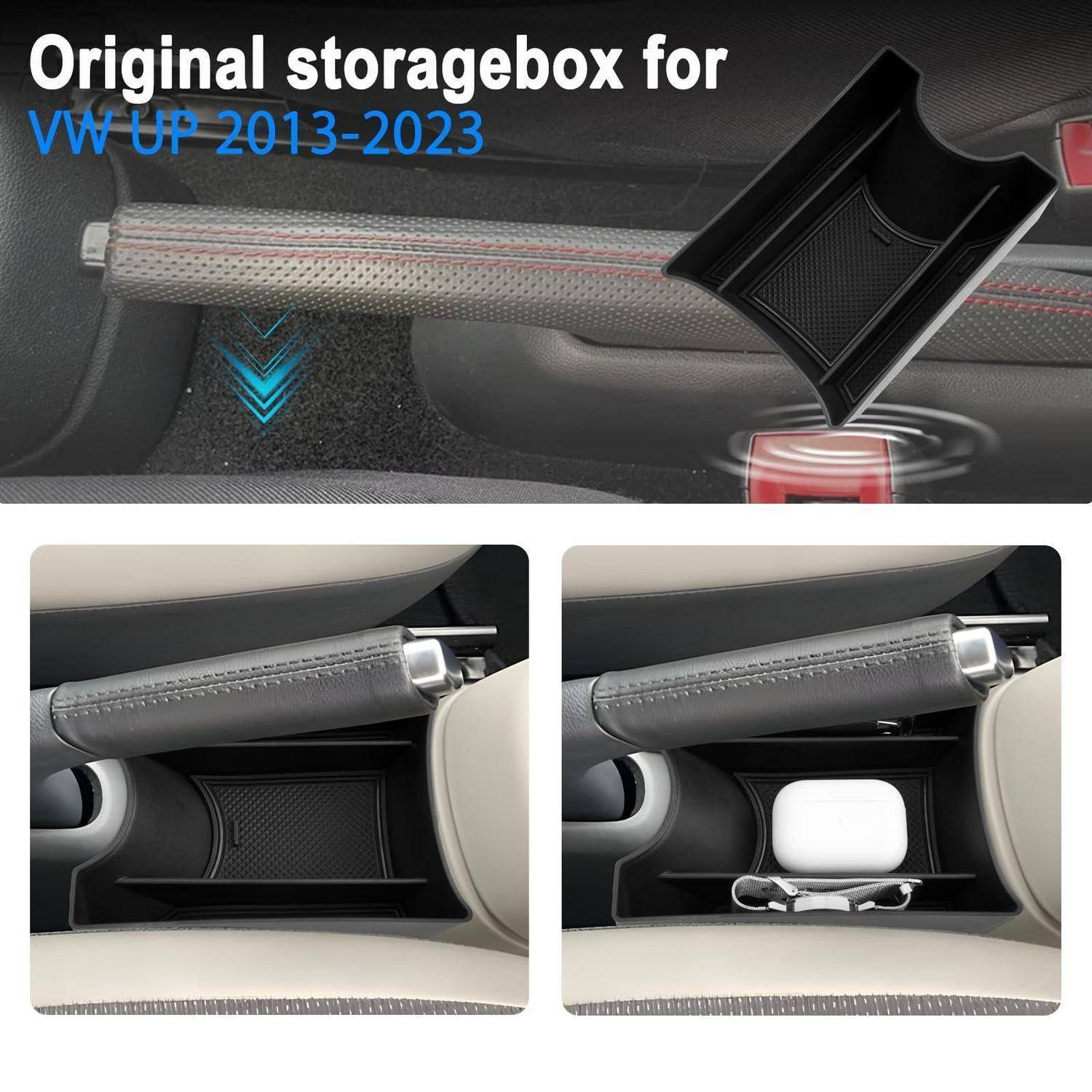 Werbebild einer Original-Staufachbox für VW Up 2013-2023, zeigt das Unter-Armaturenbrett-Fach und Beispielmonage mit darin gelagerten Gegenständen.