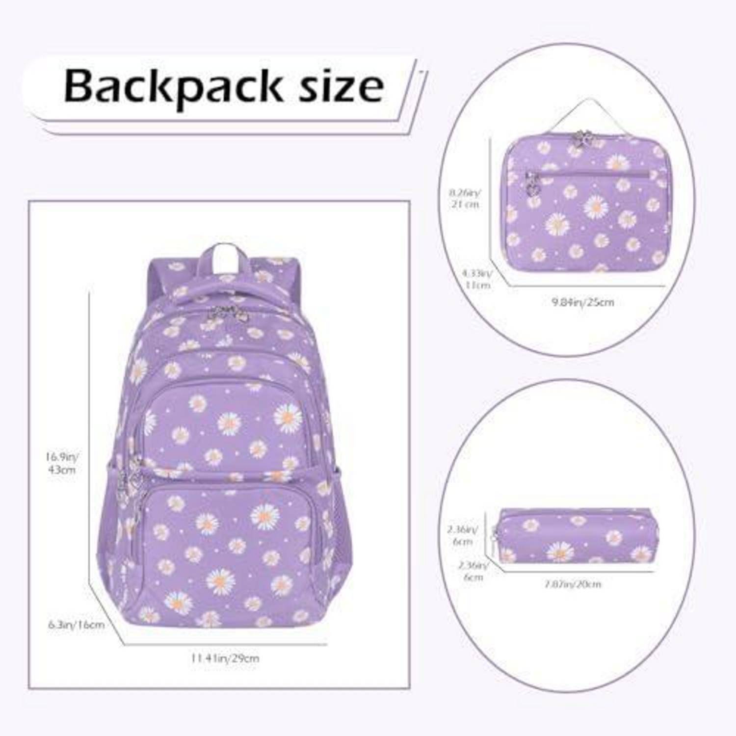 Rucksack-Größentabelle mit einem lila geblümten Rucksack und passendem Beutel, mit beschrifteten Abmessungen von 16,9 x 43 cm, 9,4 x 25 cm und 10,3 x 20 cm.