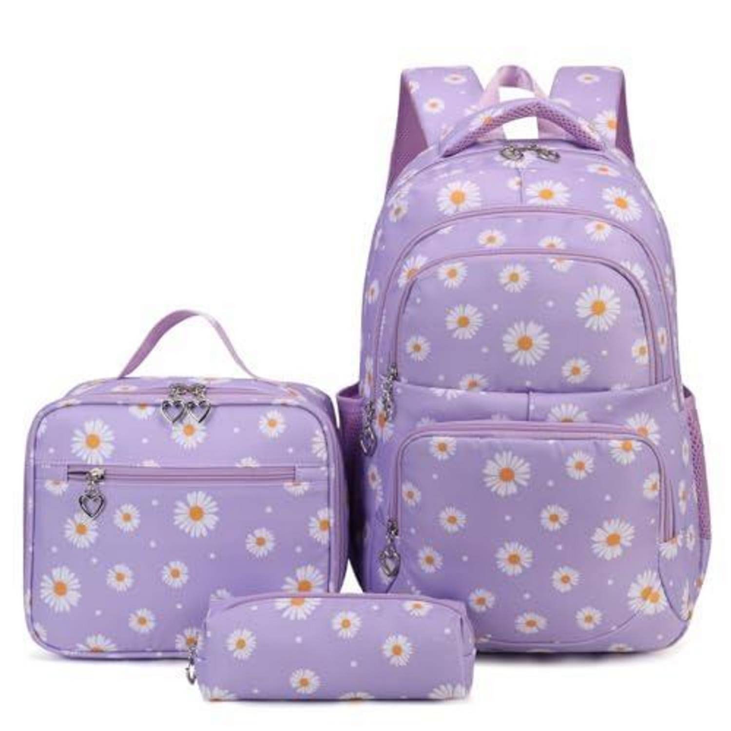 Rucksack-Set mit Lavendelblüten-Gänseblümchen-Muster bestehend aus einem Rucksack, einer Lunchbox und einem Federmäppchen auf weißem Hintergrund.