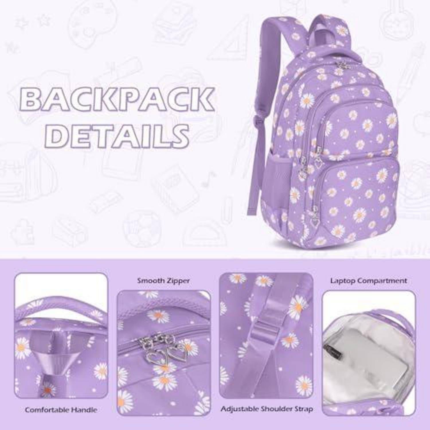 Grafik mit Details eines lila blumigen Rucksacks, die einen Rucksack mit komfortablem Griff, glattem Reißverschluss, verstellbarem Schultergurt und Laptopfach zeigt.