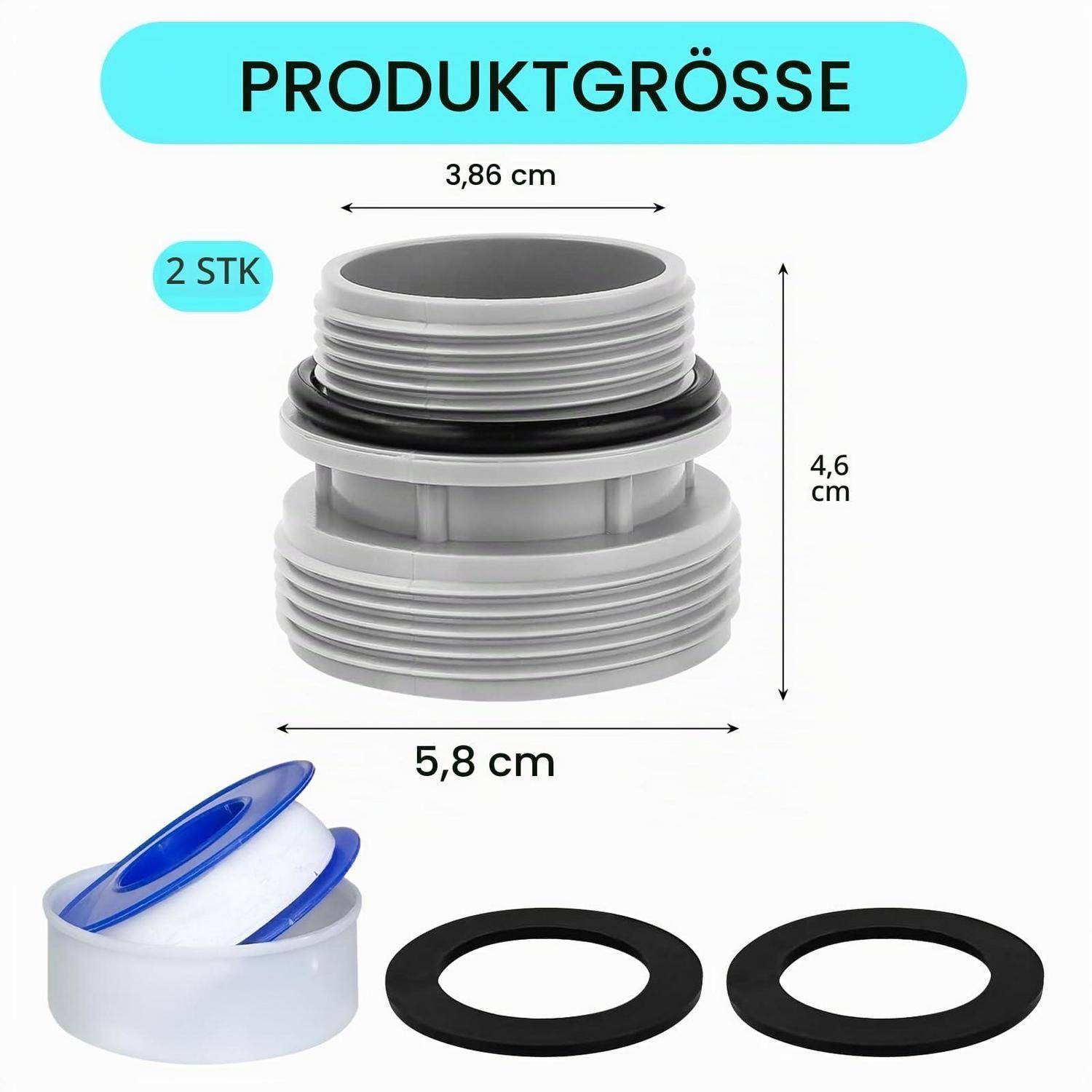 Produktgrößendiagramm einer 2-teiligen grauen Gewindearmatur mit einer Breite von 3,86 cm und einer Höhe von 4,6 cm, einer Basisbreite von 5,8 cm und eingeschlossenen schwarzen Dichtungsringen.