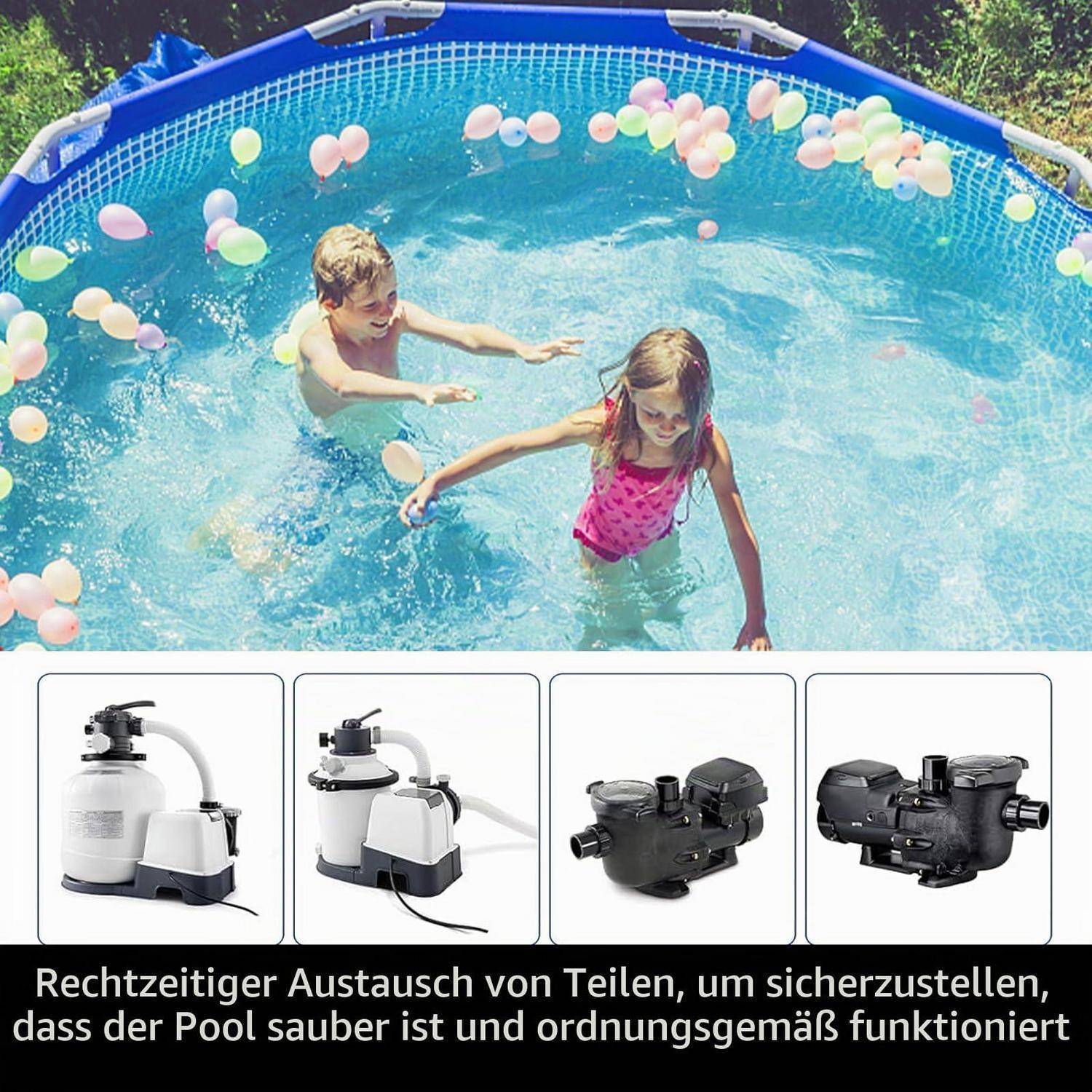 Kinder spielen im Pool im Hinterhof mit schwebenden Luftballons; darunter zeigen Produktbilder Poolpumpenkomponenten und eine deutsche Bildunterschrift über den rechtzeitigen Austausch von Teilen, um den Pool sauber und funktionsfähig zu halten.