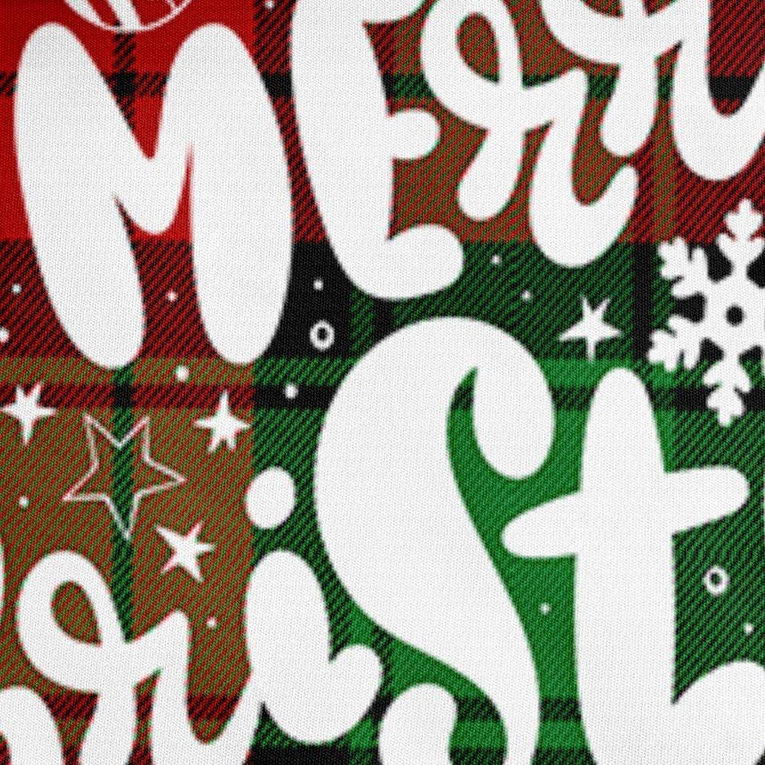 Nahaufnahme eines festlichen Karomuters mit großen weißen „Frohe Weihnachten"-Lettern, Sternen und Schneeflocken.