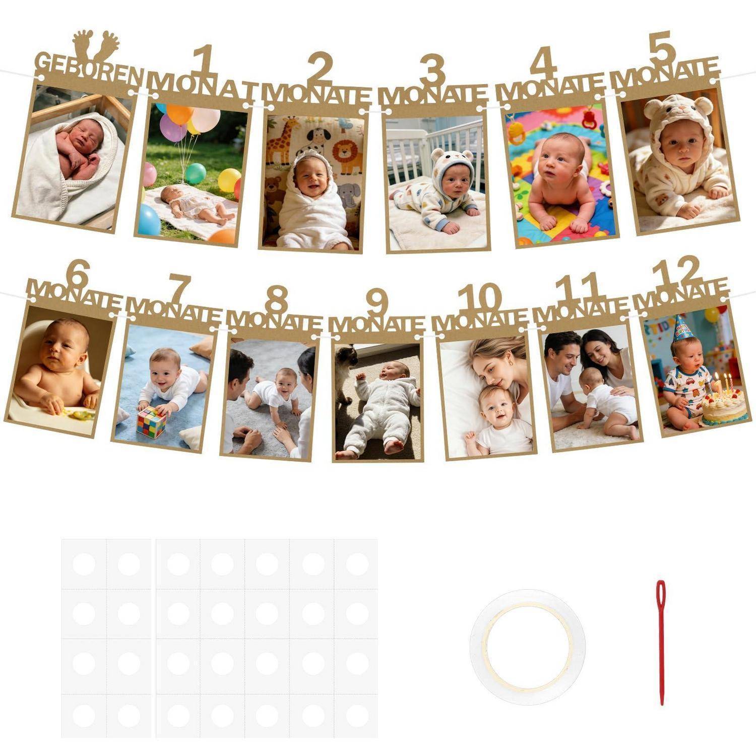 Babymeilenstein-Collage mit Fotos mit den Beschriftungen „geboren