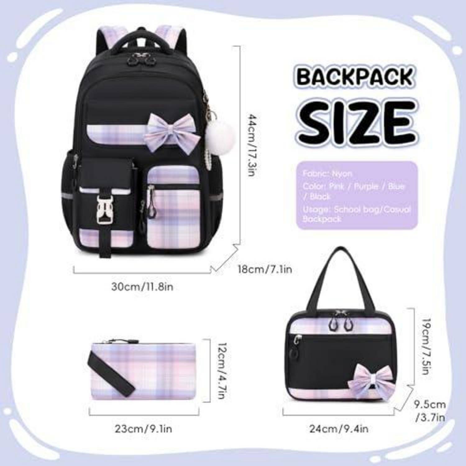 Größendiagramm für Rucksäcke mit einem Schul-/Freizeitrucksack in rosa Karomuster, mit den Abmessungen 44 cm Höhe, 30 cm Breite, 18 cm Tiefe; die entsprechenden Größen von Beutel und Seitentasche sind ebenfalls angegeben.