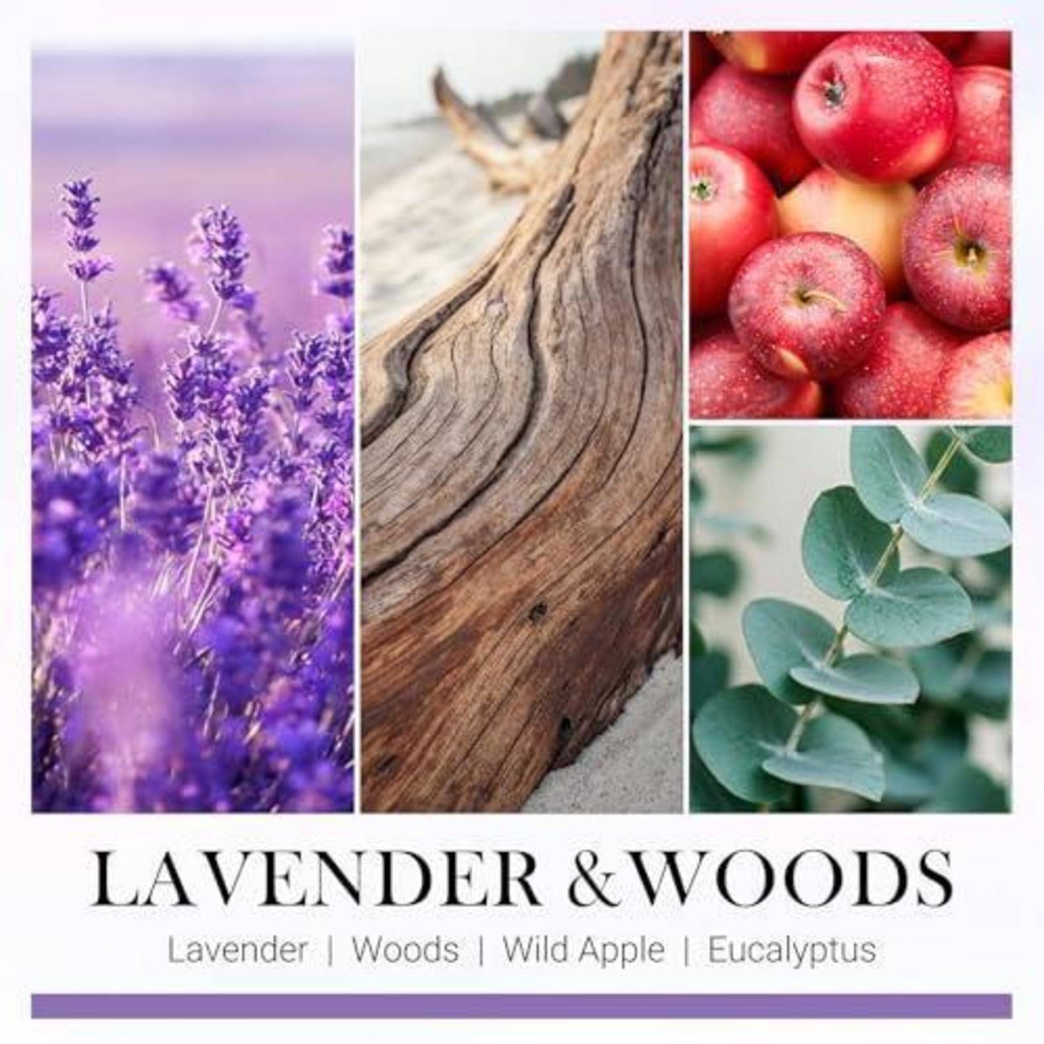 Collage zur Bewerbung von „LAVENDER & WOODS" mit Fotos von Lavendel, verwittertem Holz, wilden Äpfeln und Eukalyptus.