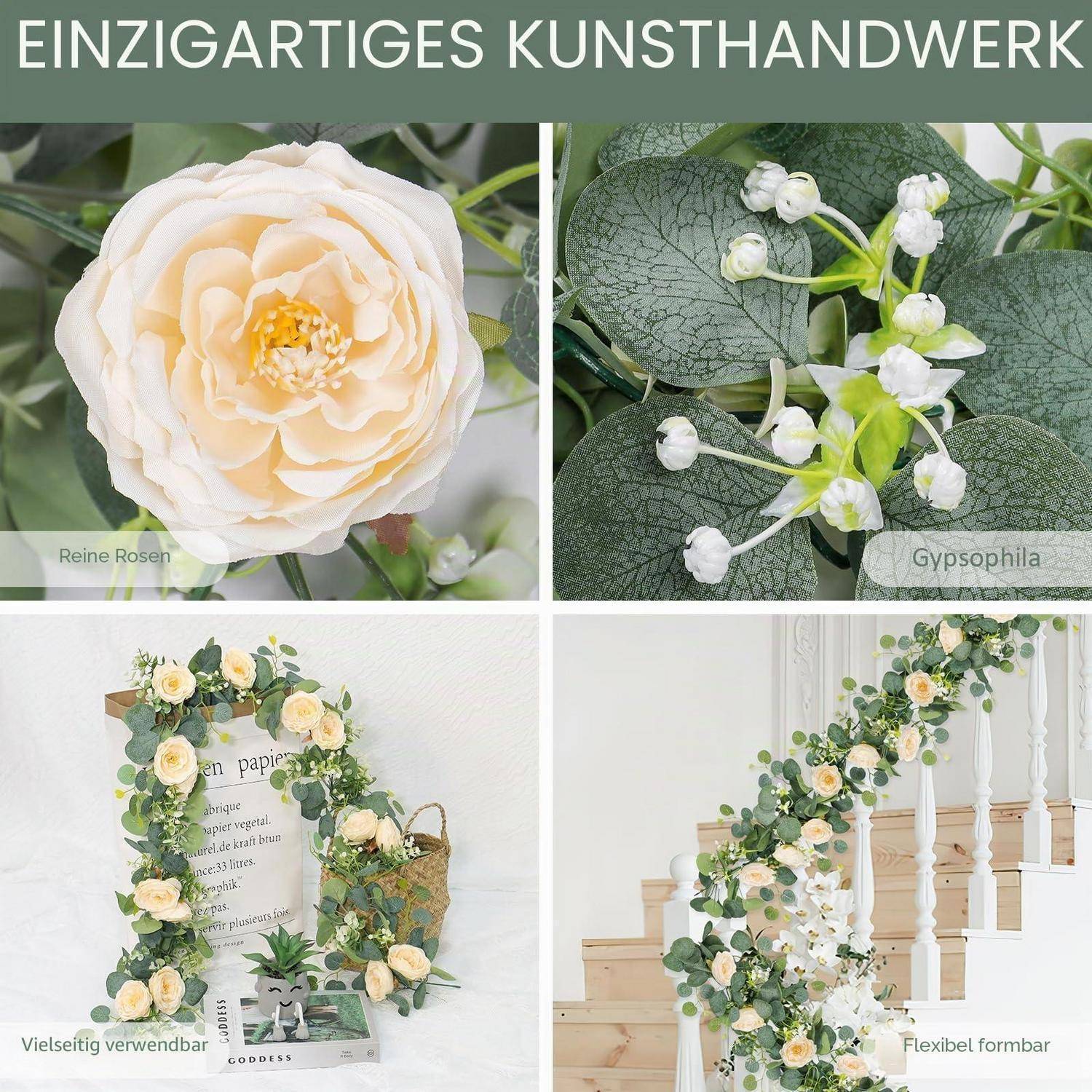 Collage aus künstlichen Blumen und Dekorationen: Nahaufnahme einer cremefarbenen Rose und Schleierkraut, plus Kranz und Treppengirlande, die vielseitige handgefertigte Verwendung zeigen.