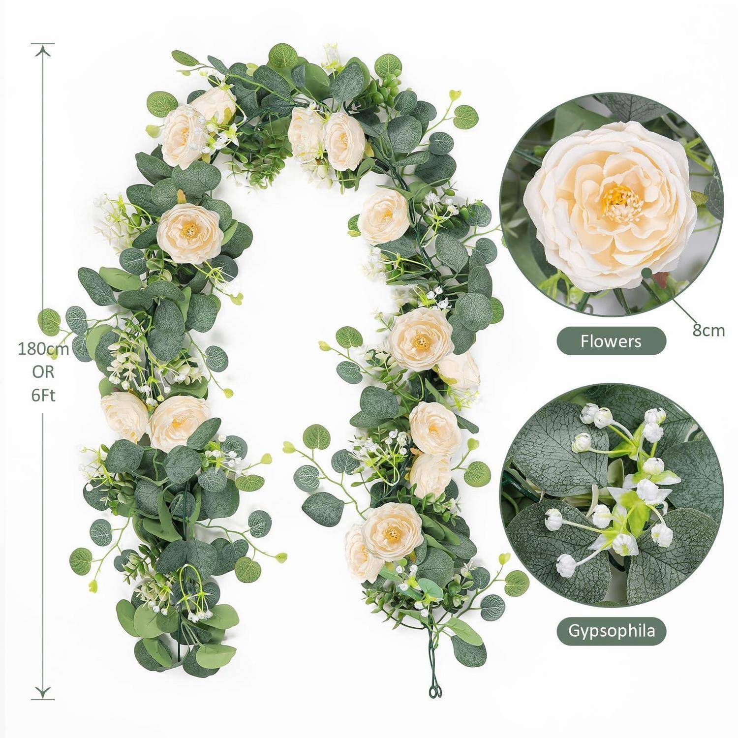 Blumengirlanden-Bogen mit creme-farbenen Rosen und Grünwerk, dargestellt als 180 cm (6 ft) lang; eingefügte Nahaufnahmen beschriften die Blumen- und Schleierkraut-Details.
