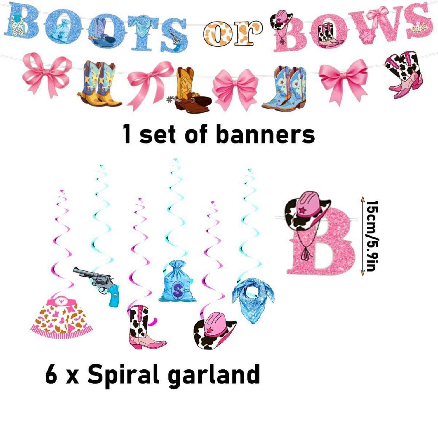 Partydekorations-Set "Boots or Bows"" mit 1 Banner, 6 Spiralgirlanden und einem 15 cm großen Glitzer-""B"" in Western-Pink-Cowboy-Motiv-Design.