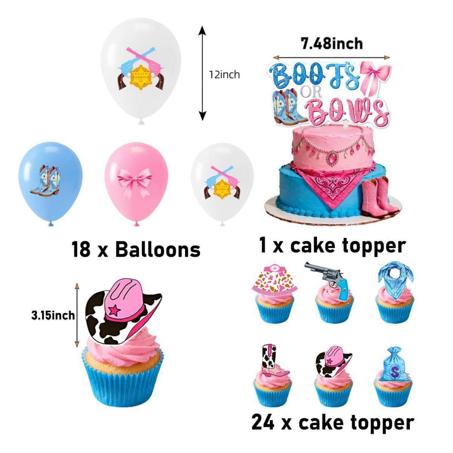 Partydekoration-Set mit 18 Luftballons und Kuchendekoration, einschließlich 1 „Boots or Bows" Kuchenaufsatz, 24 Cupcake-Aufsätzen und Cowboy-Motiv-Luftballondesigns.