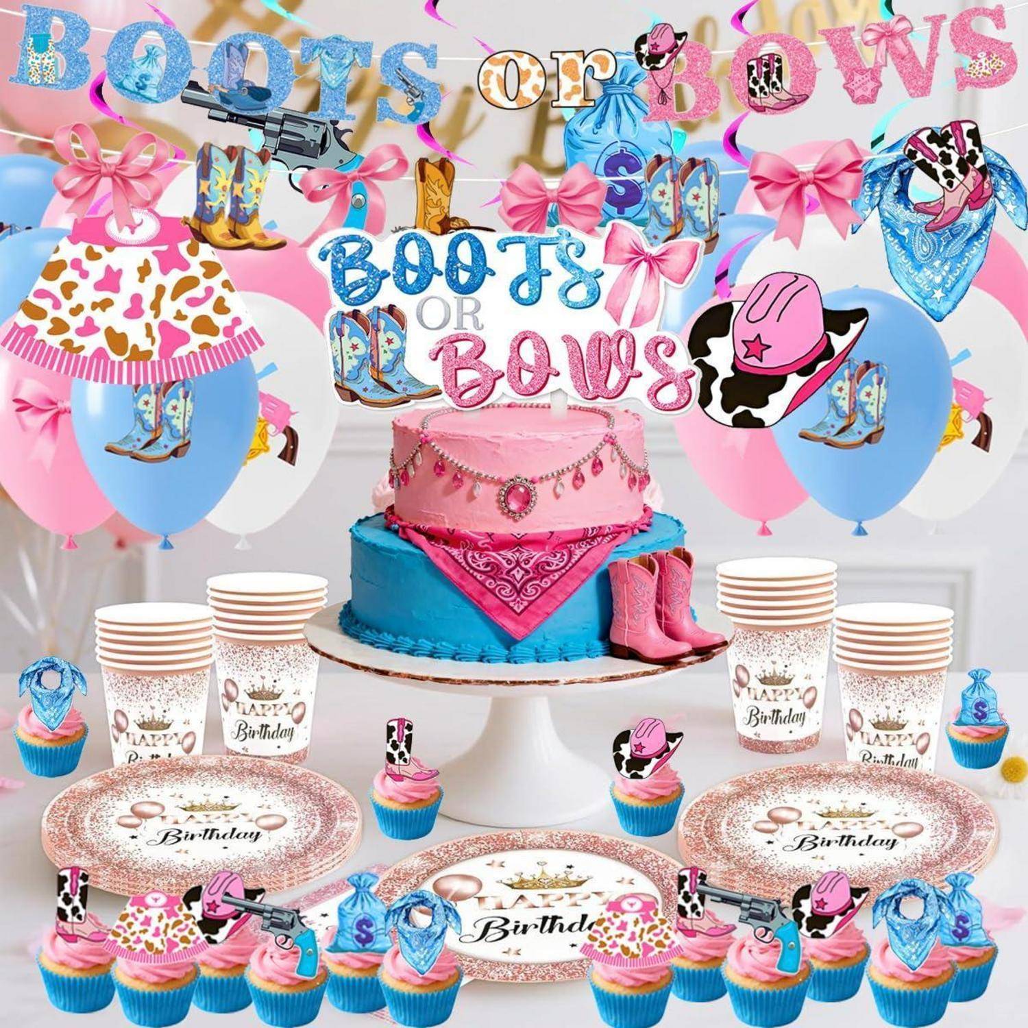 Dessert-Display zur Western-Themenparty mit rosa-blauem Cowboy-/Cowgirl-Kuchen, „Boots or Bows"-Dekorationen, Luftballons, Cupcakes und Papiergeschirr.