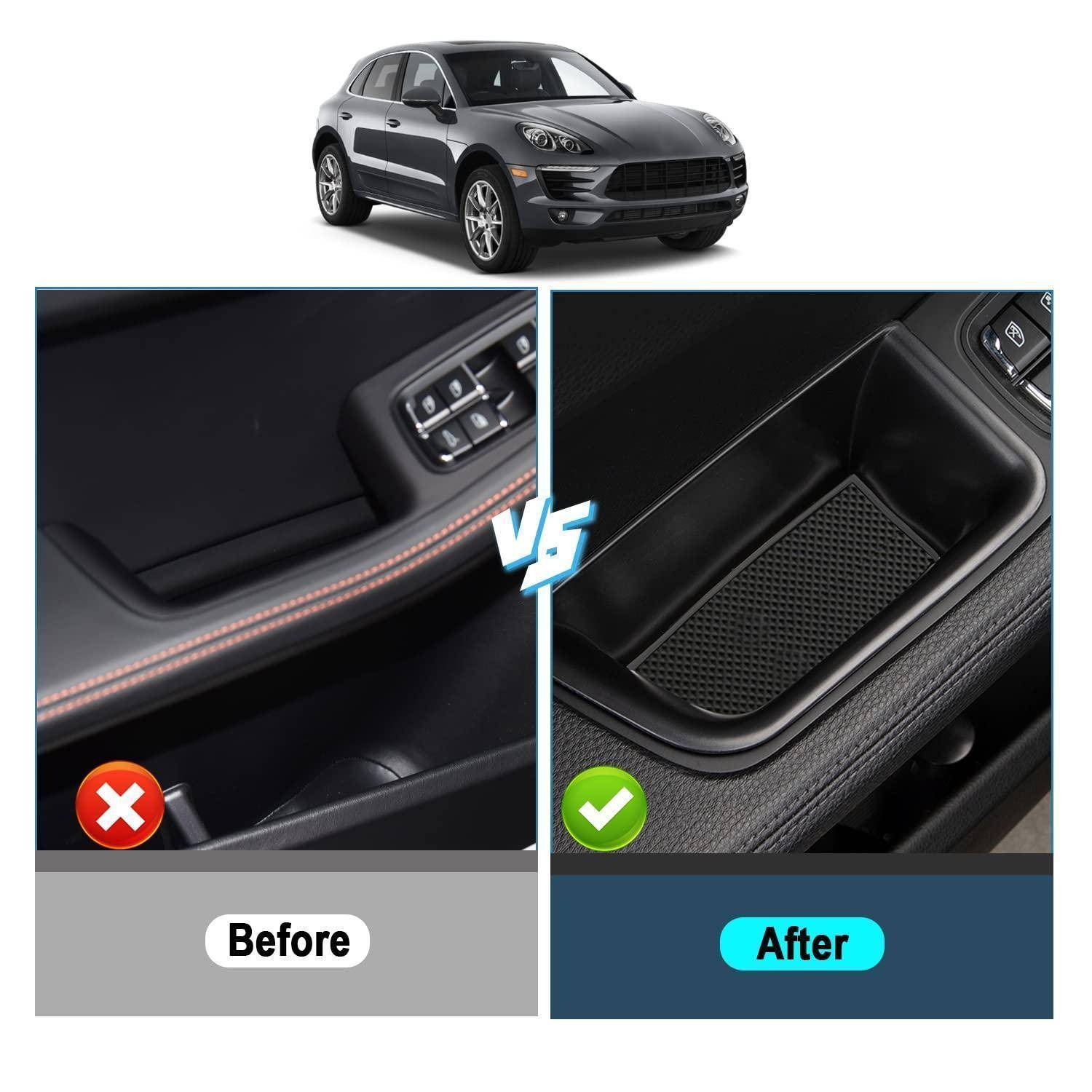 Vergleich vorher und nachher der Innenseite einer Autotür: links zeigt ein rotes X über einem einfachen Panel mit Beleuchtungsleiste, rechts zeigt ein grünes Häkchen über einem Türtaschenbereich mit Stauraum.