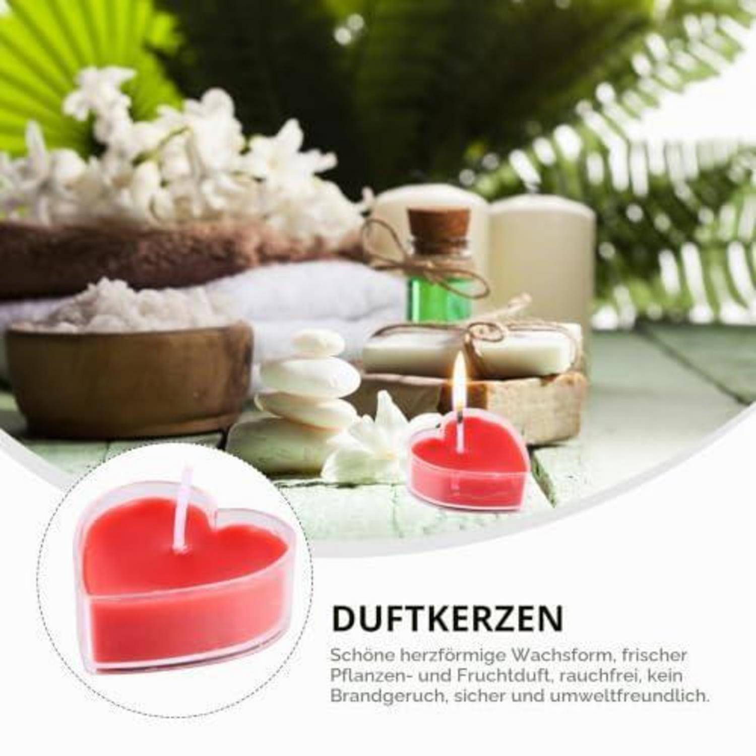 Herzförmige rote duftende Kerzen auf einer Spa-ähnlichen Ausstellung mit Blumen, Gläsern und einer brennenden Kerze; deutscher Text liest 'DUFTKERZEN' und beschreibt geruchsfreie, rauchlose Kerzen.