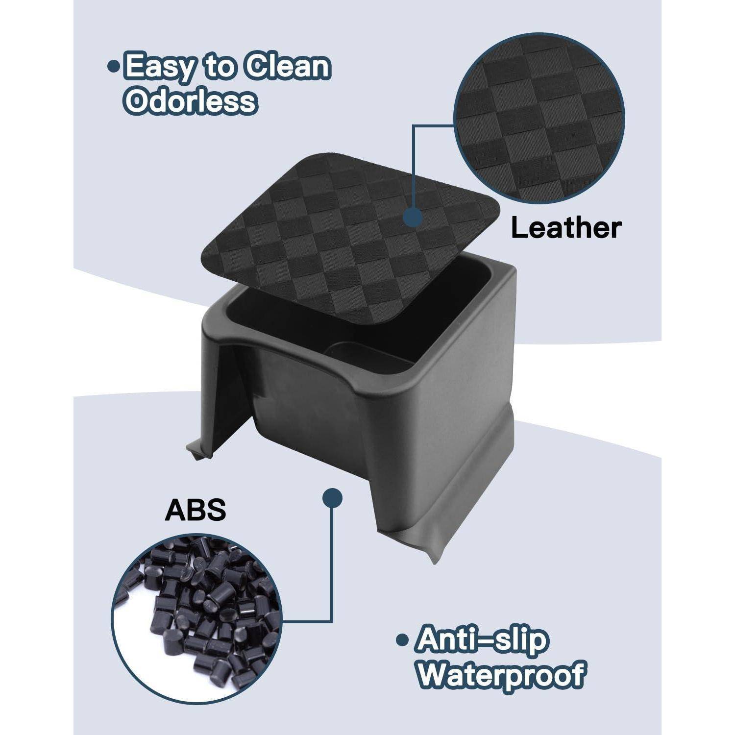 3D-Illustration einer schwarzen quadratischen Haustierklo-Box mit Lederfläche und ABS-Basis, gekennzeichnet mit leicht zu reinigen, geruchlos, rutschfest und wasserdicht.
