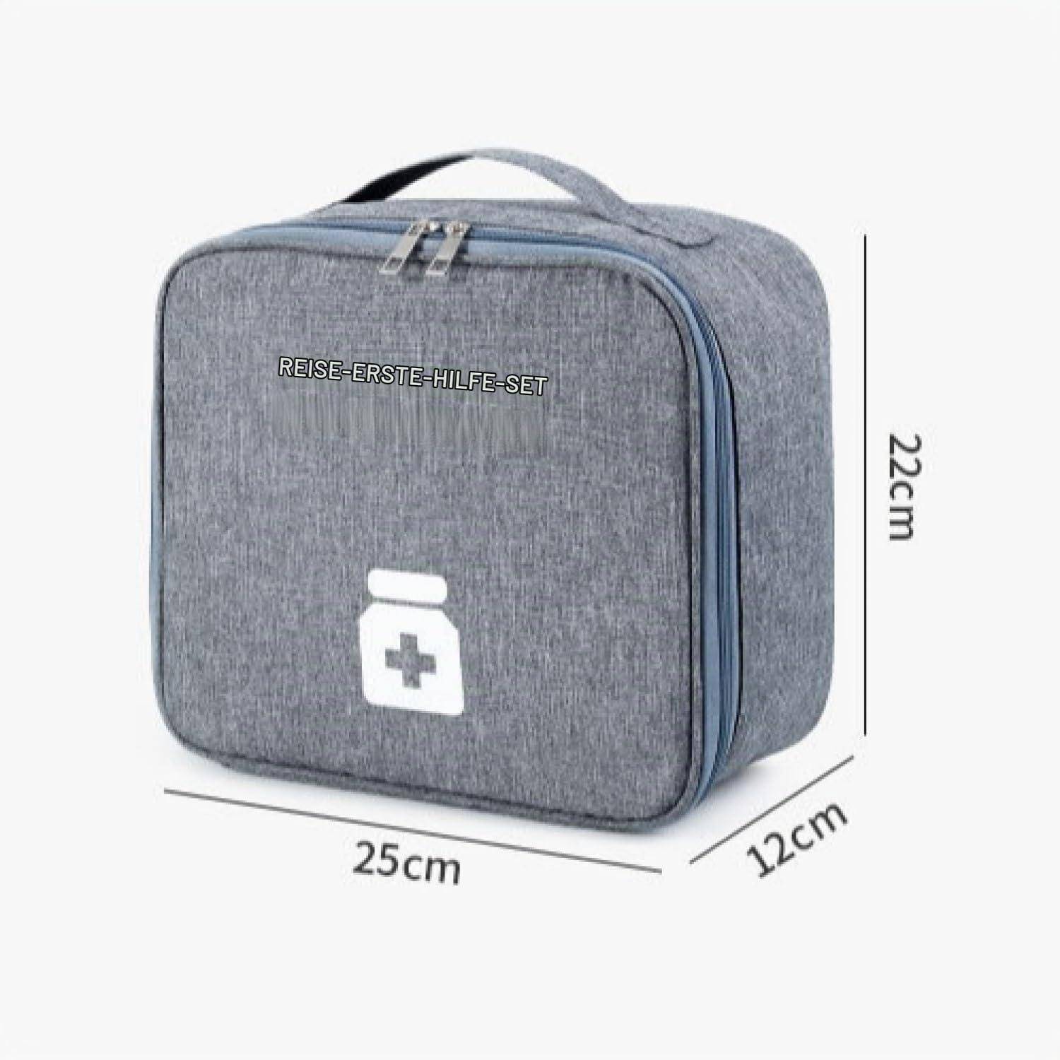 Graue Reisenotfalltasche mit der Aufschrift „REISE-ERSTE-HILFE-SET", dargestellt mit den Abmessungen 25 cm Breite, 22 cm Höhe und 12 cm Tiefe.