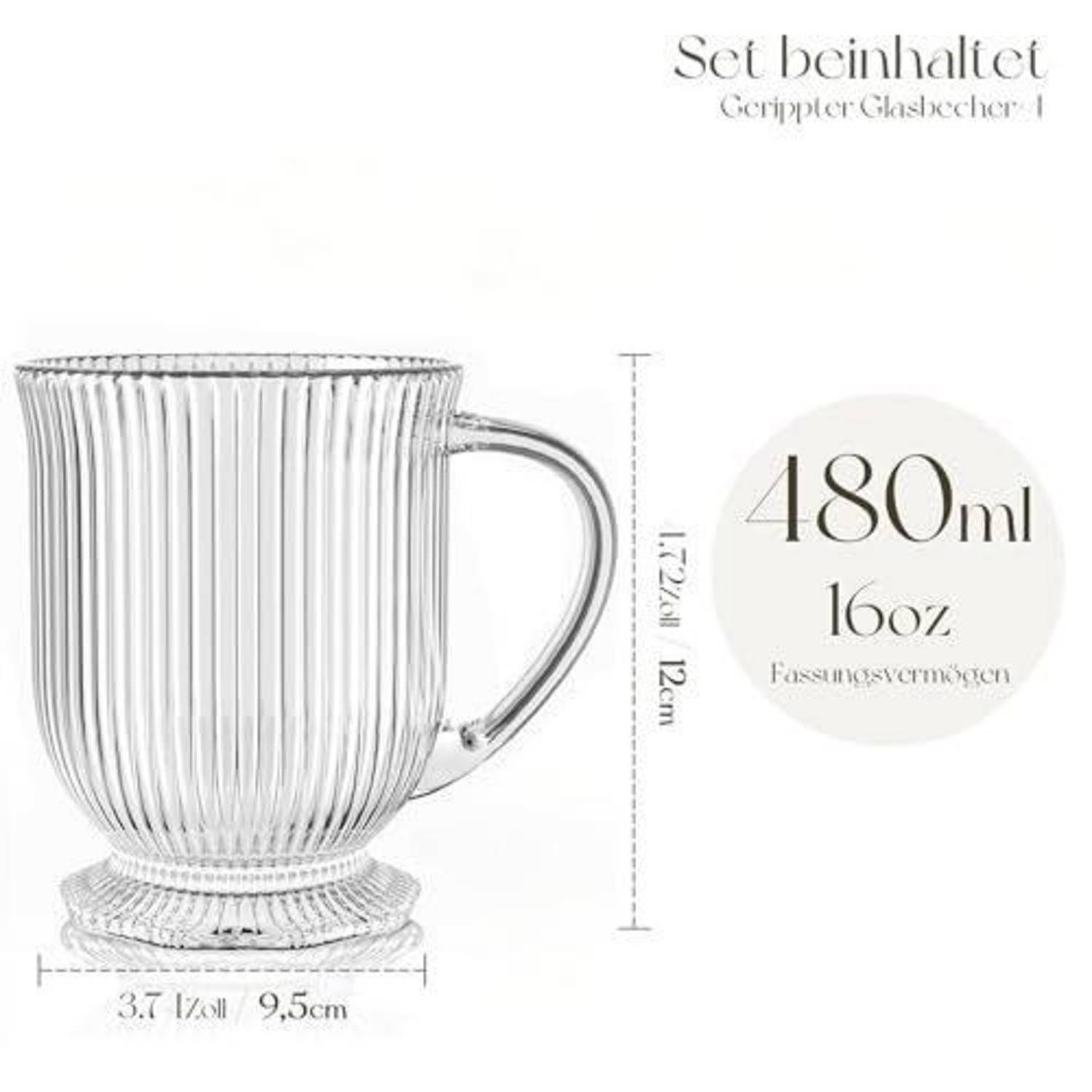 Klare gerippte Glaskaffeetasse mit Griff, als einzelnes Set gekennzeichnet; fasst 180 ml/16 oz und ist etwa 12 cm hoch, 9,5 cm breit.
