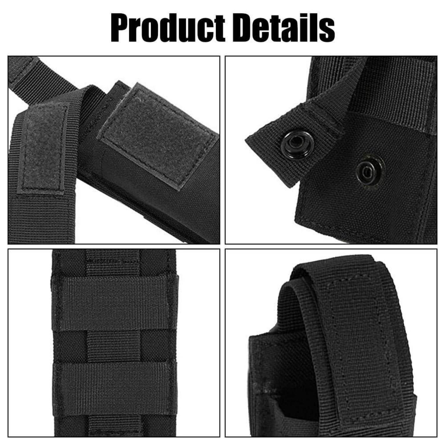 Produktdetails zeigen eine schwarze Nylon-Riemen-Scheide mit Klettverschluss-Klappe, Druckknopfverschluss und Gürtelschlaufen in vier Nahaufnahmen.