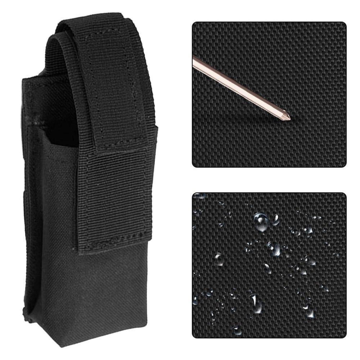 Schwarze Nylontasche mit Klappenverrschluss, gezeigt mit Nahaufnahmen ihres strapazierfähigen strukturierten Stoffes und der wasserfesten Oberfläche.