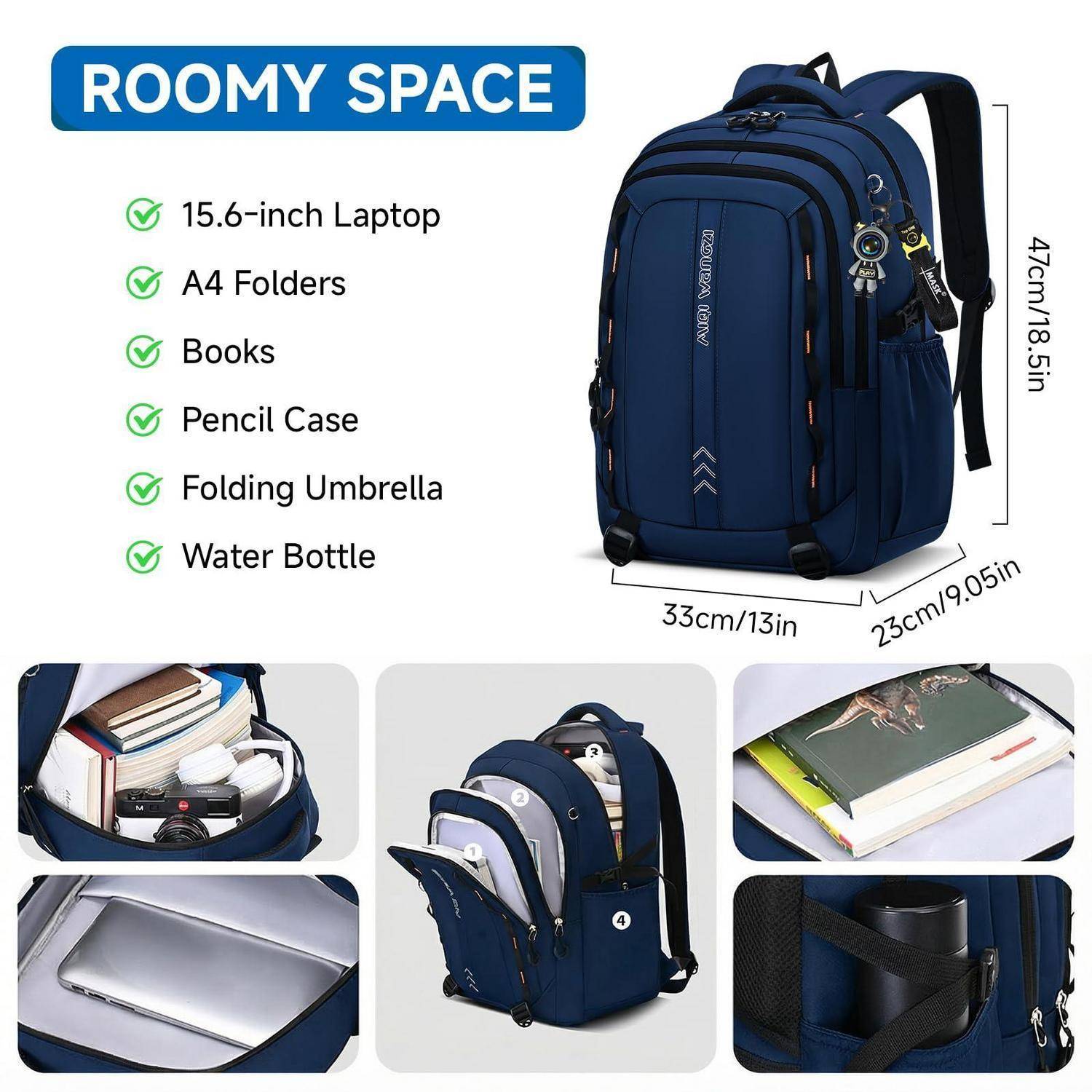 Blauer Rucksack mit der Aufschrift „ROOMY SPACE" passt einen 15,6-Zoll-Laptop, A4-Ordner, Bücher, Federmappe, Regenschirm und Wasserflasche; Abmessungen werden angezeigt.