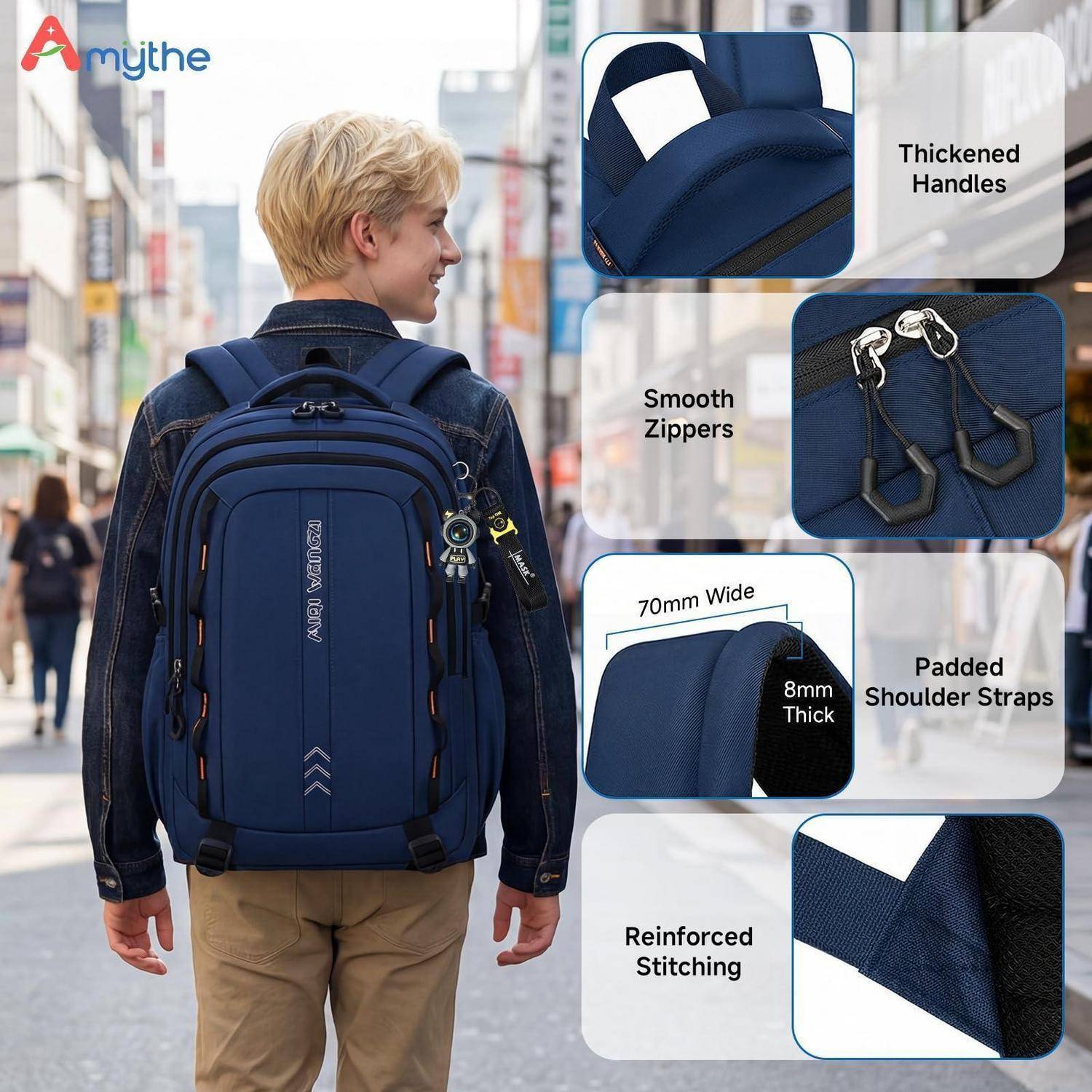Mann mit einem dunkelblauen Rucksack in einer Stadtstraße; Beschriftungen heben verdickte Griffe, glatte Reißverschlüsse, gepolsterte 70-mm-Schultergurte und verstärkte Nähte hervor.