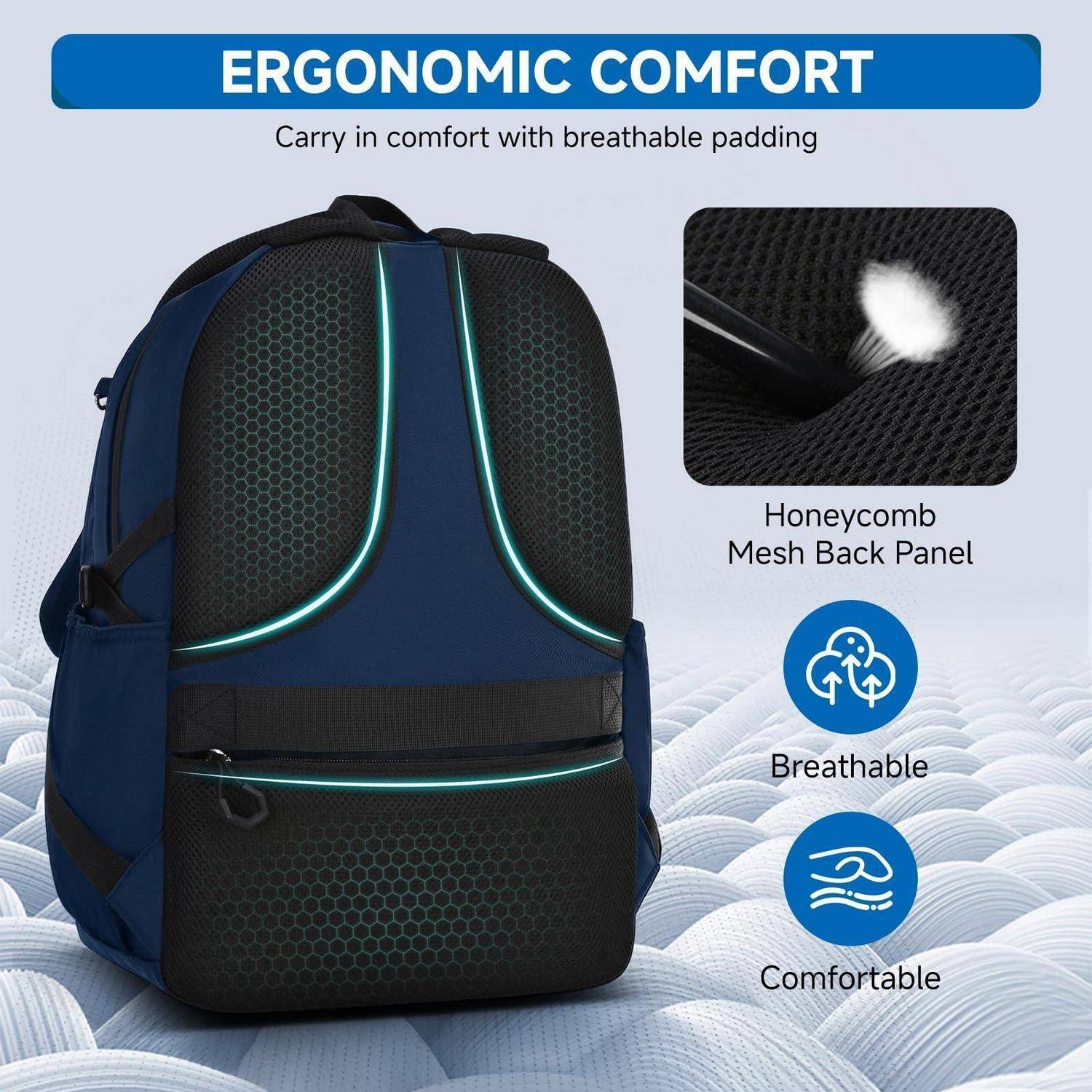 Rucksack-Anzeige mit Fokus auf ergonomischen Komfort, mit einem atmungsaktiven Wabenstruktur-Rückenpaneel und Symbolen mit den Beschriftungen „Atmungsaktiv" und „Komfortabel"".