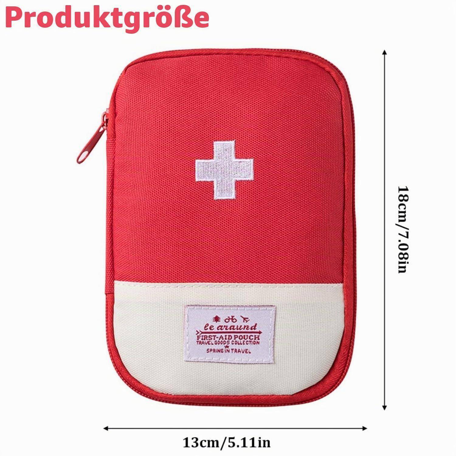 Rote Erste-Hilfe-Tasche mit weißem Kreuz und Etikett, dargestellt mit Produktgrößenmarkern: 18 cm hoch und 13 cm breit.