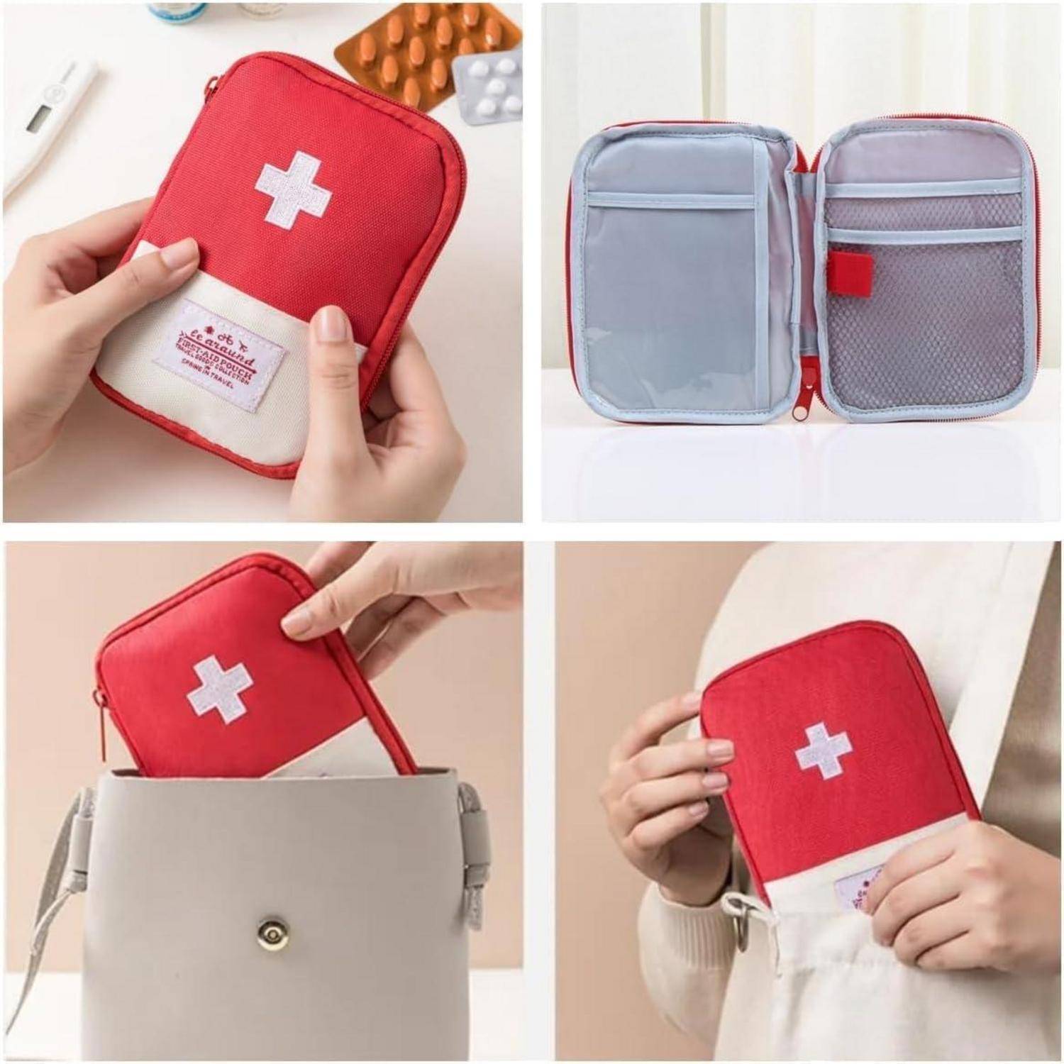 Rote Erste-Hilfe-Tasche mit weißem Kreuz; dargestellt geöffnet mit Netzstoff und Taschen, in einer Größe für die Handtasche für Reisen oder täglichen Gebrauch.