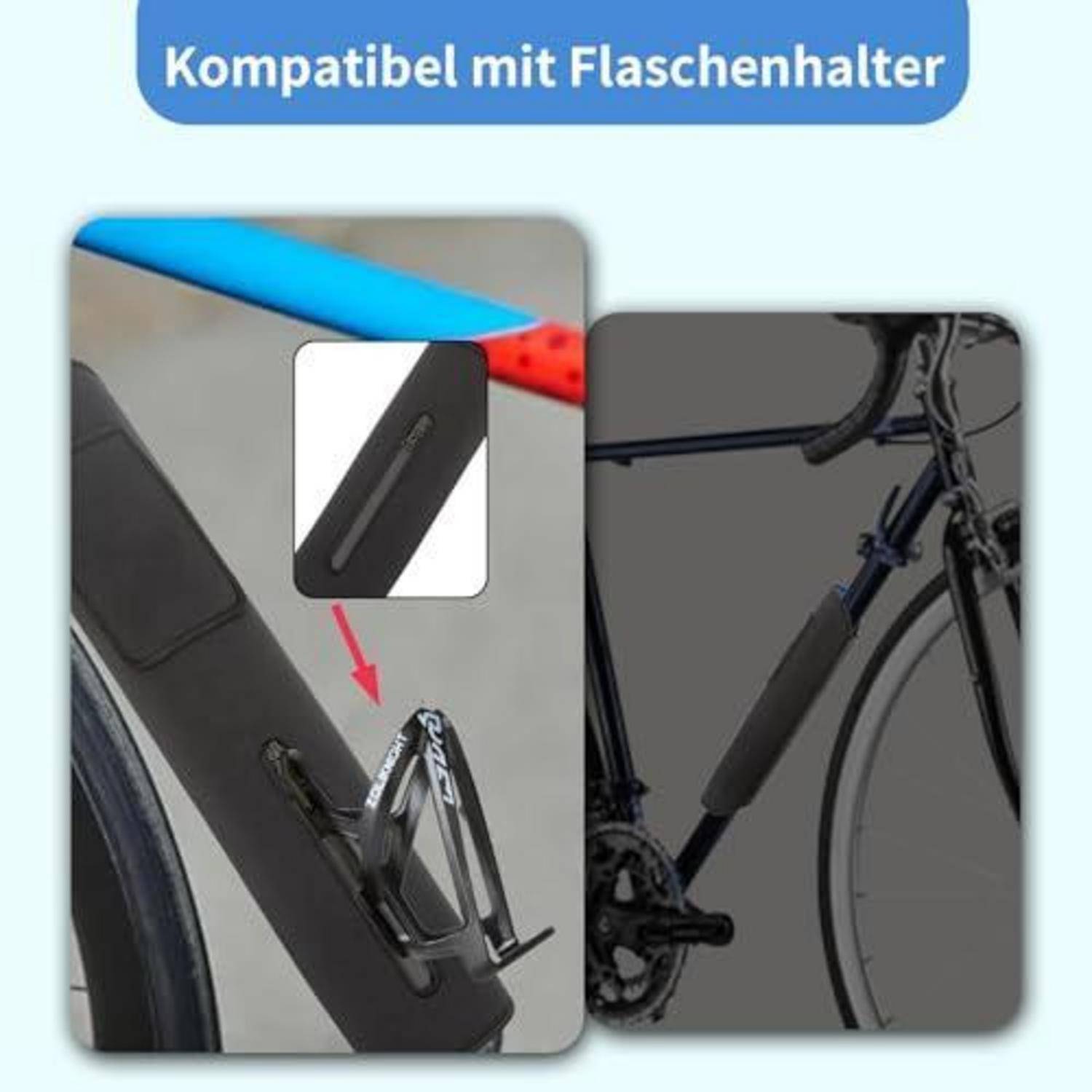Fahrradzubehör an einem Fahrrad montiert, mit deutschem Text „Kompatibel mit Flaschenhalter", das anzeigt, dass es sich mit einer Flaschenhalterung verträgt.