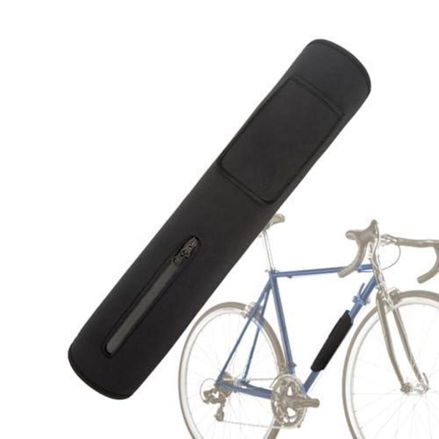 Schwarze gepolsterte Fahrradtransporttasche mit Schultergurt, über einem Rennrad dargestellt zum Transport.
