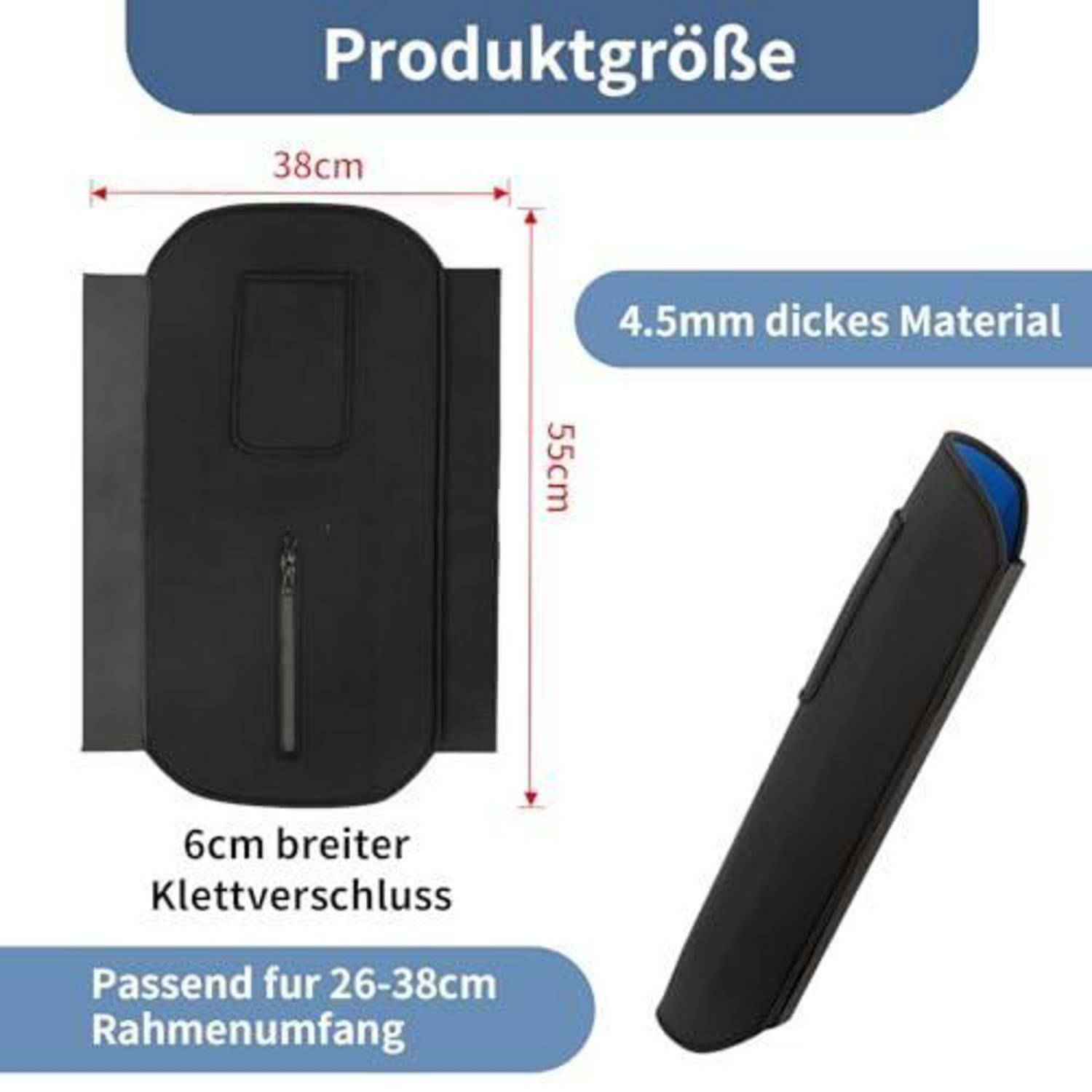 Produktgrößendiagramm einer schwarzen Fahrradrahmentasche: 38 cm breit, 55 cm lang, 4,5 mm dick, mit einem 6 cm breiten Klettverschluss und passt zu einem Rahmenumfang von 26-38 cm.