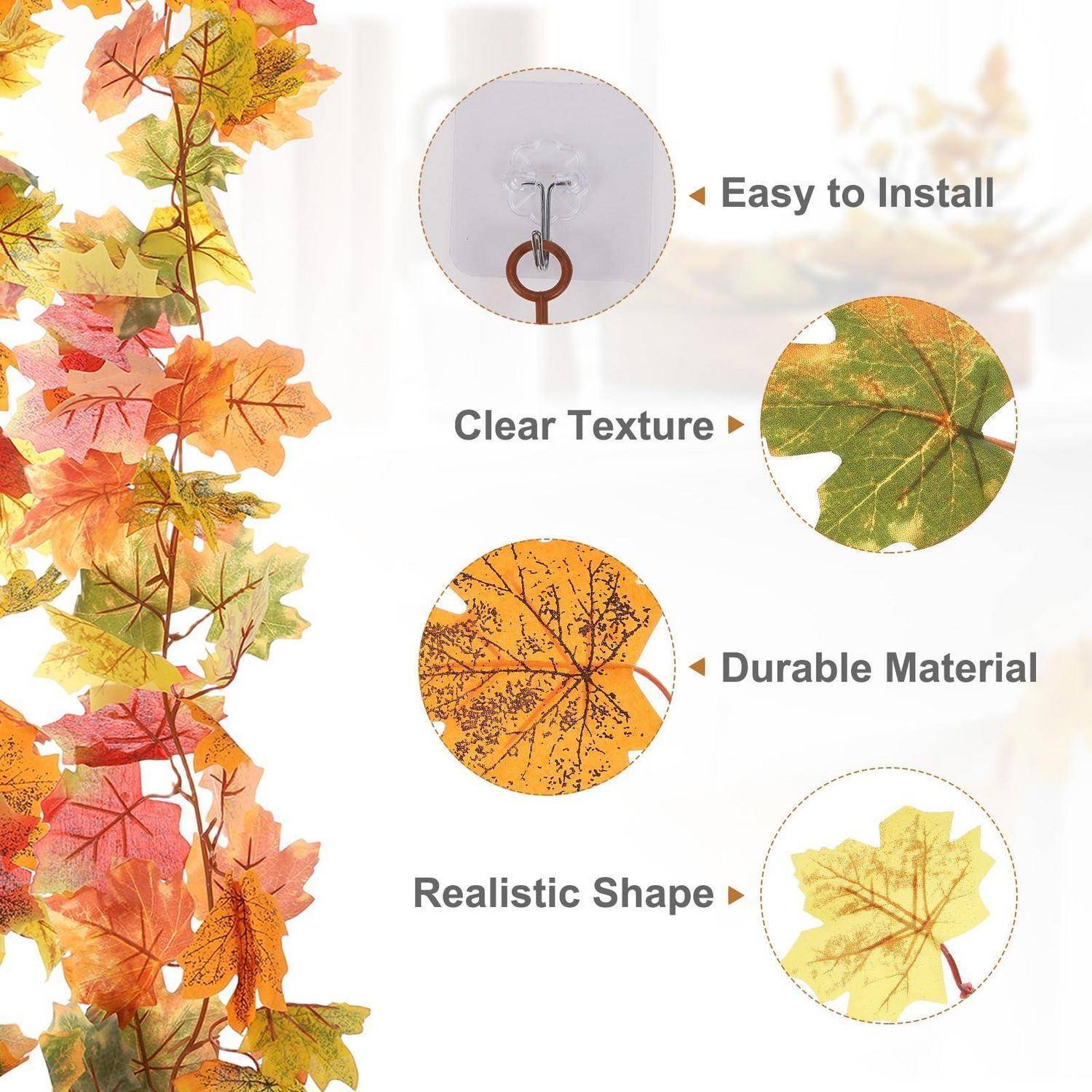 Dekorative künstliche Herbstlaub-Girlande mit Nahaufnahmen, die einfache Installation, klare Textur, langlebiges Material und realistische Form hervorheben.