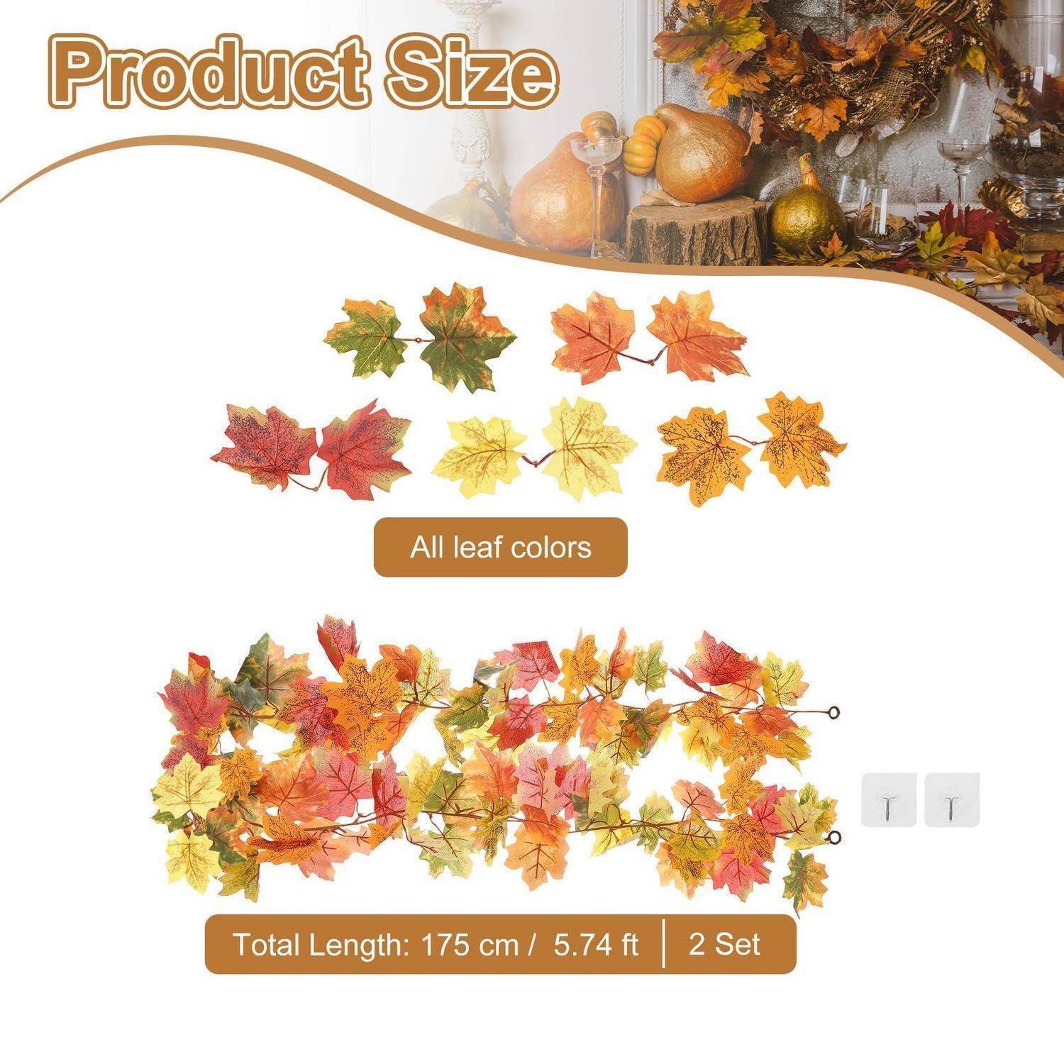 Produktgrößentabelle für künstliche Herbstlaubgirlanden, zeigt alle Blattfarben und Gesamtlänge 175 cm (5,74 ft), 2er Set.