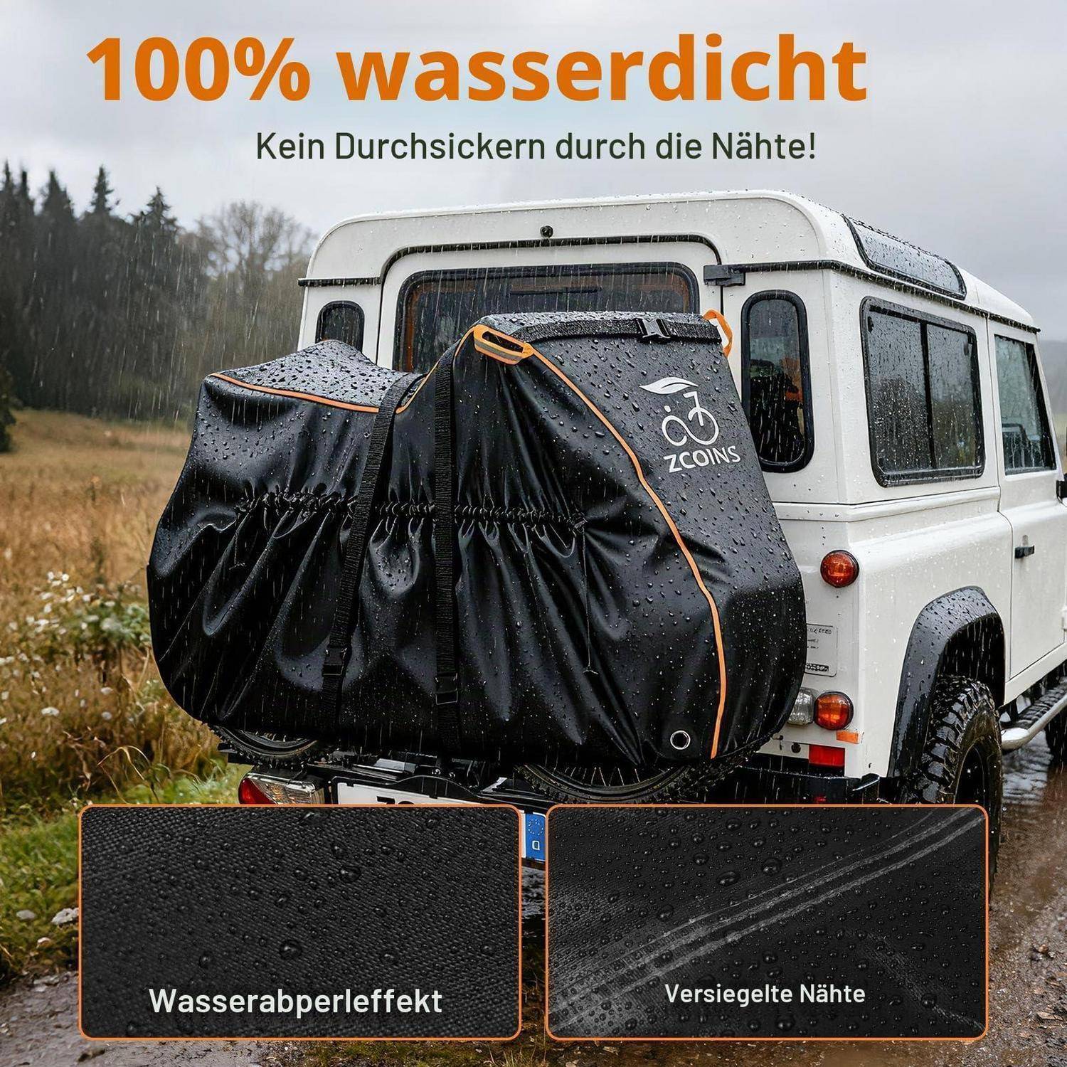 Wasserdichter Fahrrad-Hinterrad-Packtaschenüberzug auf einem Auto im Regen, mit deutschem Text, der „100% wasserdicht" behauptet, und versiegelten Nähten.
