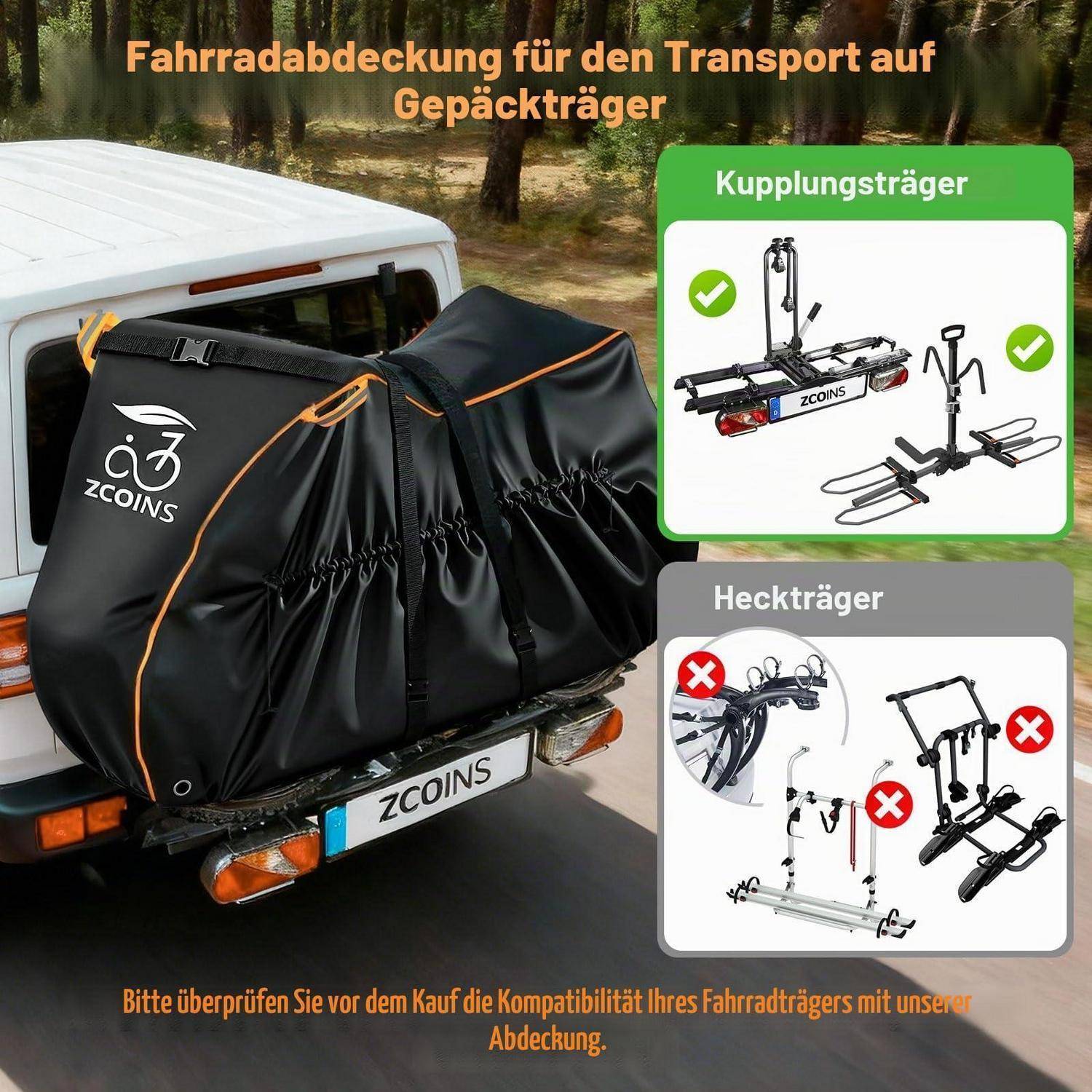 Deutsches Produktbild, das eine Fahrradträger-Abdeckung auf einem an der Anhängekupplung eines Autos montierten Fahrradträger zeigt, mit eingefügten Diagrammen, die Anhängekupplungsträger als kompatibel und Kofferraumträger als inkompatibel kennzeichnen.