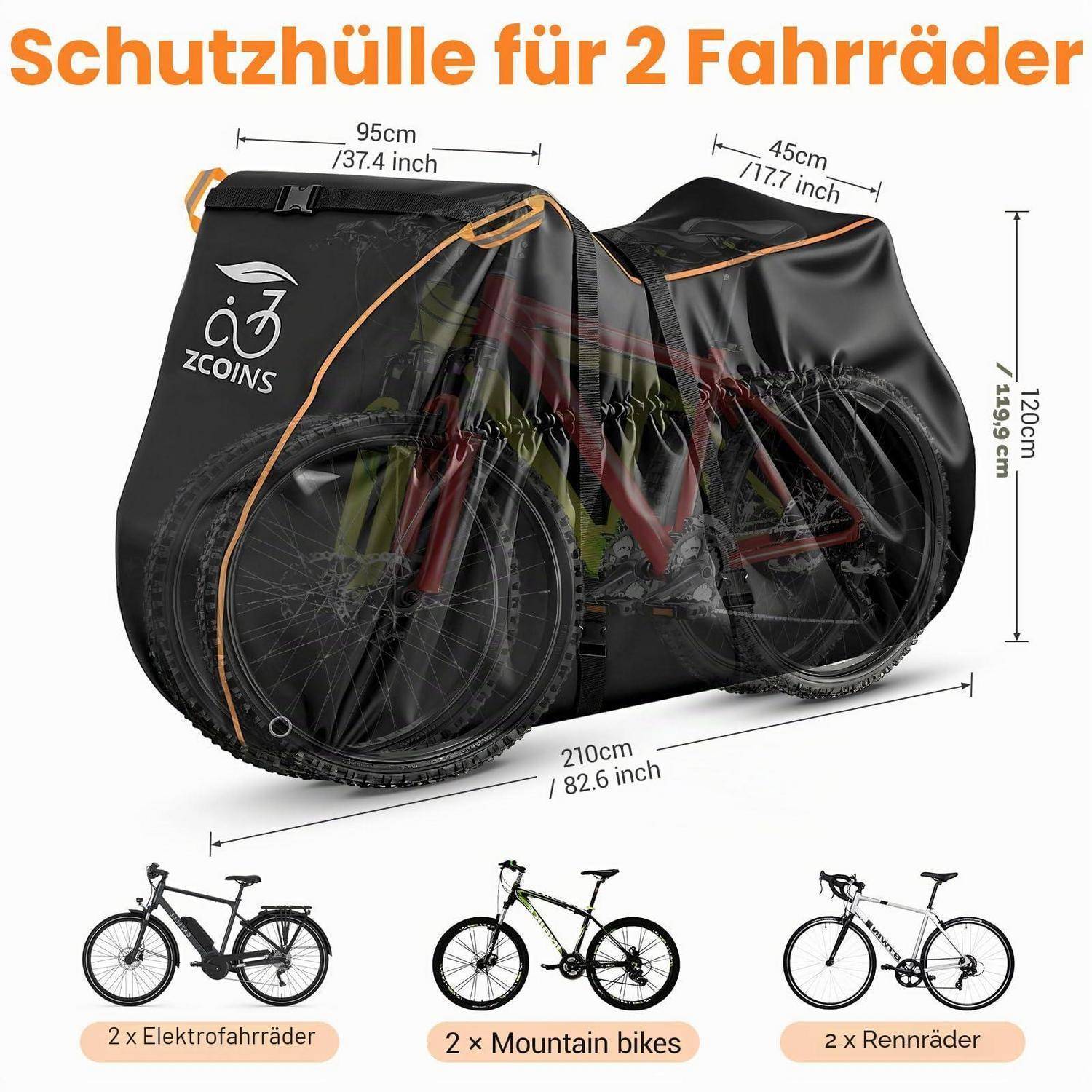 Schwarze 'ZOINS' Fahrradabdeckung für 2 Fahrräder, mit angegebenen Abmessungen und Beispielen für E-Bikes, Mountainbikes und Rennräder.