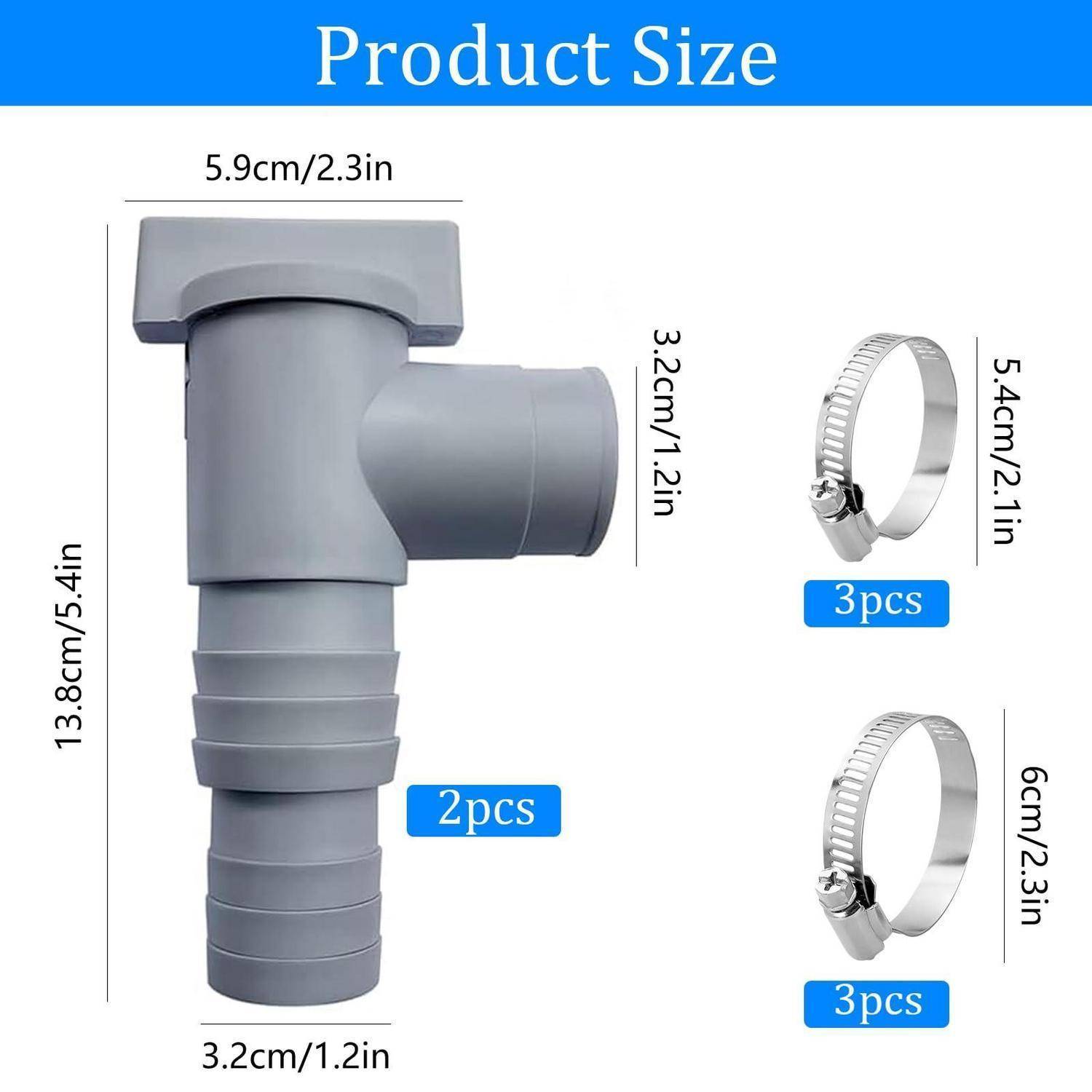 Produktgrößendiagramm, das eine graue Rohrverbindung zeigt, 13,8 cm hoch, 5,9 cm breit, 3,2 cm Auslass, plus zwei Schlauchschellen mit der Bezeichnung „3 Stück