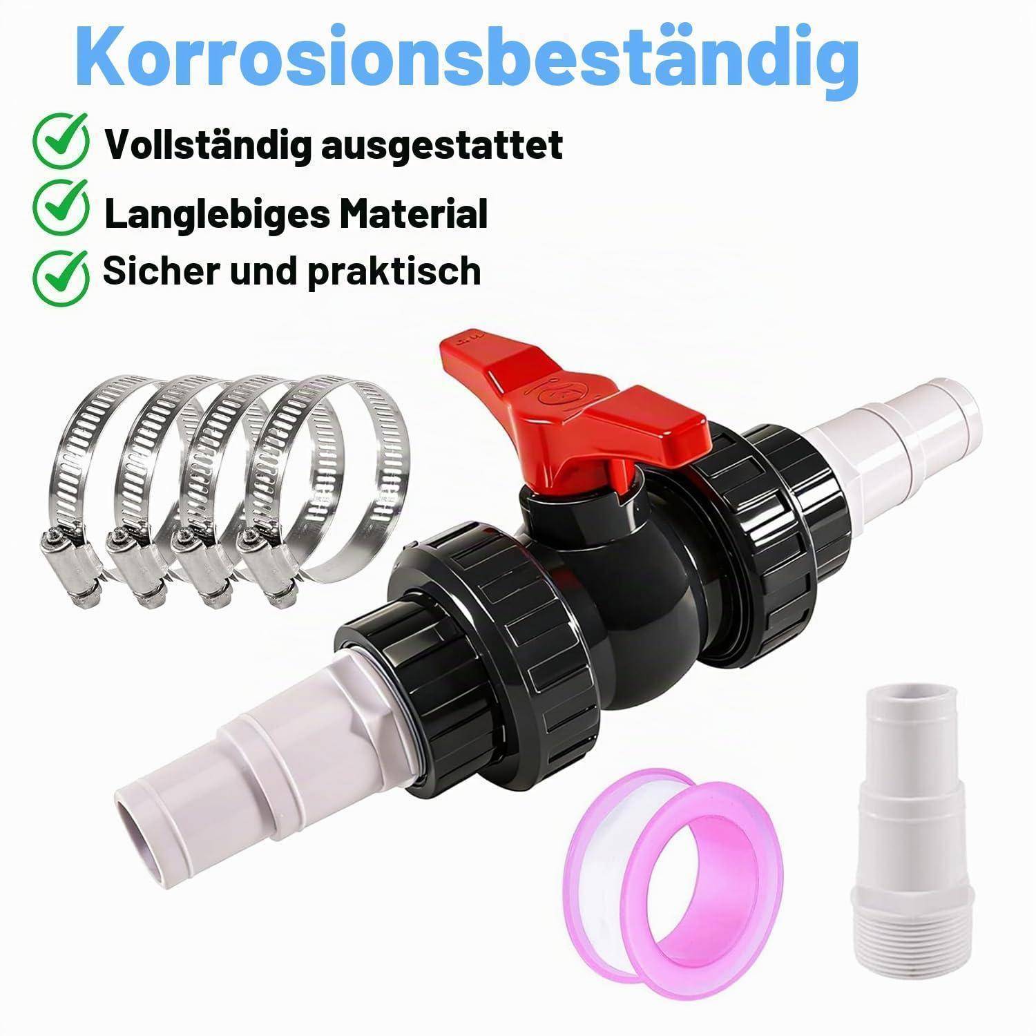 Kugelhahn mit Schlauchverbinder 1,5 Zoll (50 mm) PVC, Set inkl. 2 Schlauchtüllen 32-38 mm