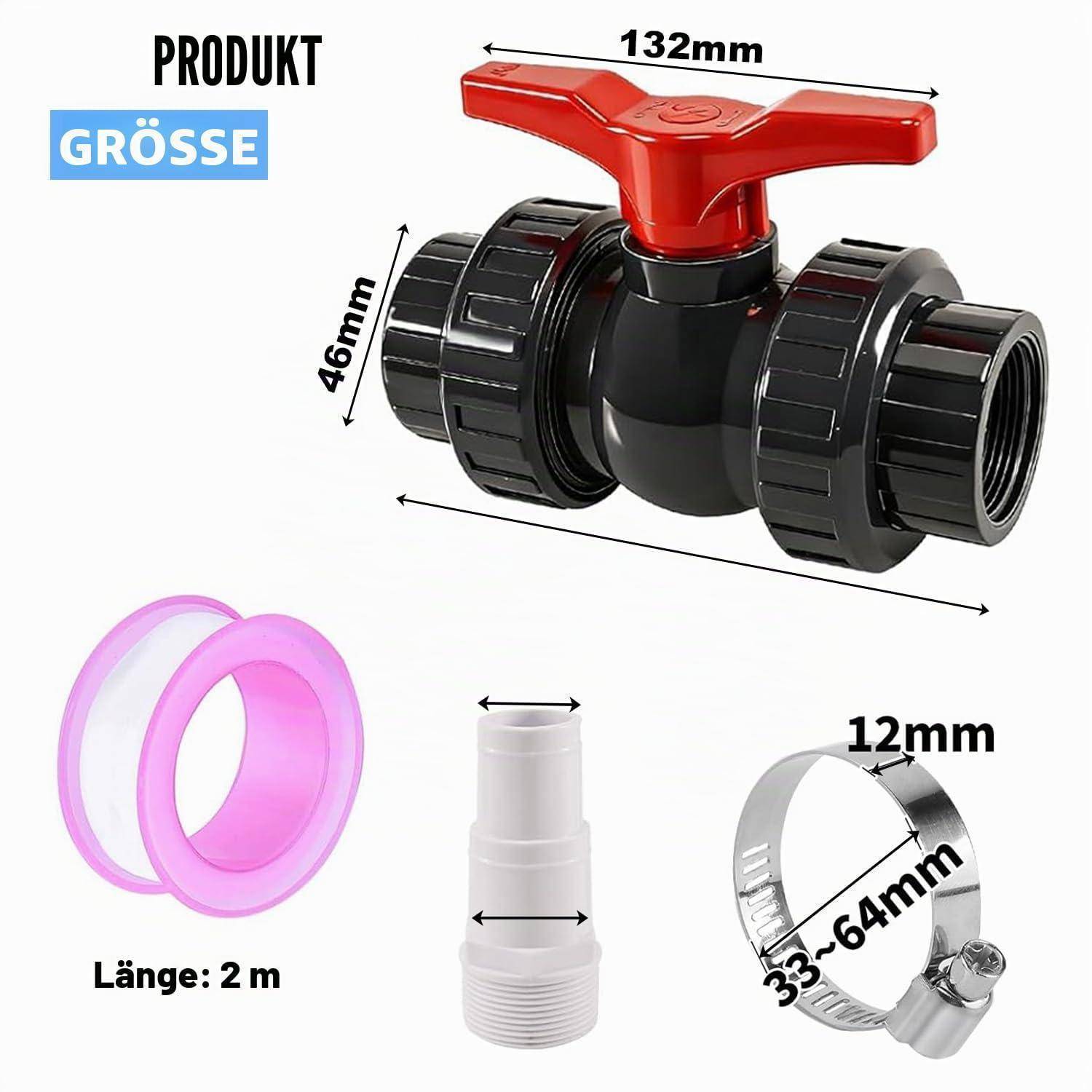 Größendiagramm des Produkts mit einem schwarzen Kugelventil mit rotem Griff, 132 mm lang und 46 mm hoch, plus enthaltener 2 m Schlauch, Adapter und 12 mm Klemme.