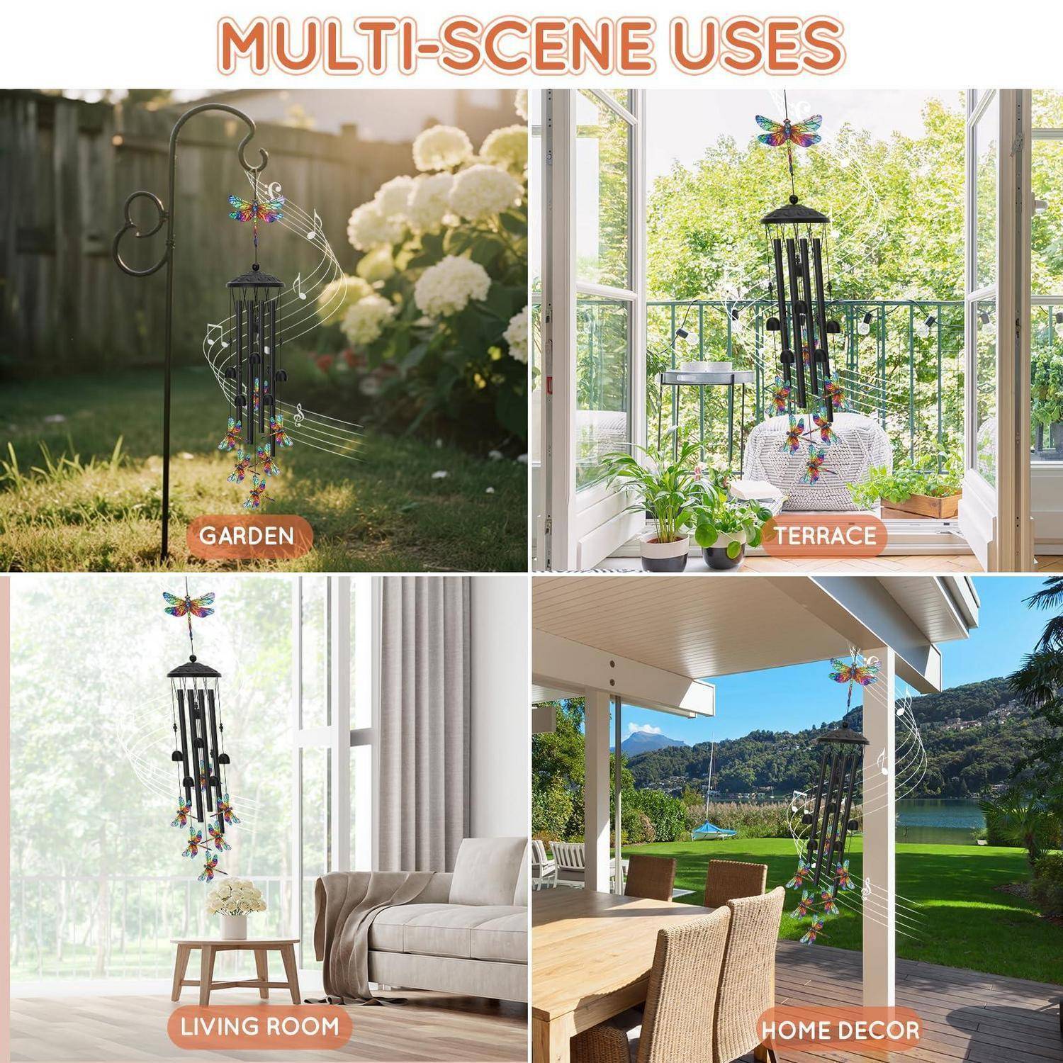 Vierpaneliges Produktbild mit dem Titel „MULTI-SCENE USES" zeigt eine hängende Windspiel, die in Garten-, Terassen-, Wohnzimmer- und Wohndekorationseinstellungen verwendet wird.