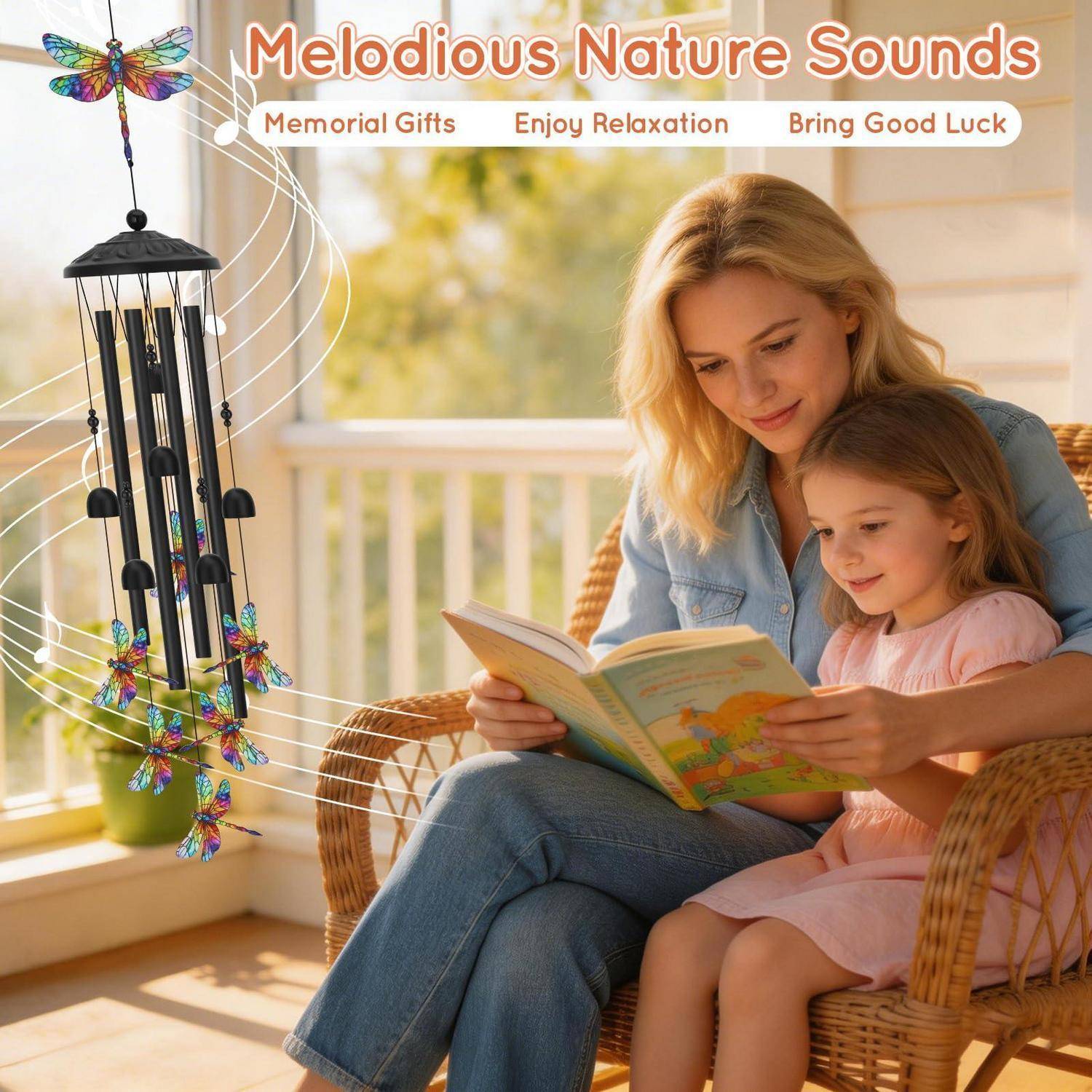 Mutter liest ein Buch mit einem kleinen Mädchen auf einer Veranda neben einem farbenfrohen Windspiel; das Banner trägt die Aufschrift „Melodische Naturklänge" mit „Gedenkgeschenke"", „Entspannung genießen"" und „Glück bringen"".