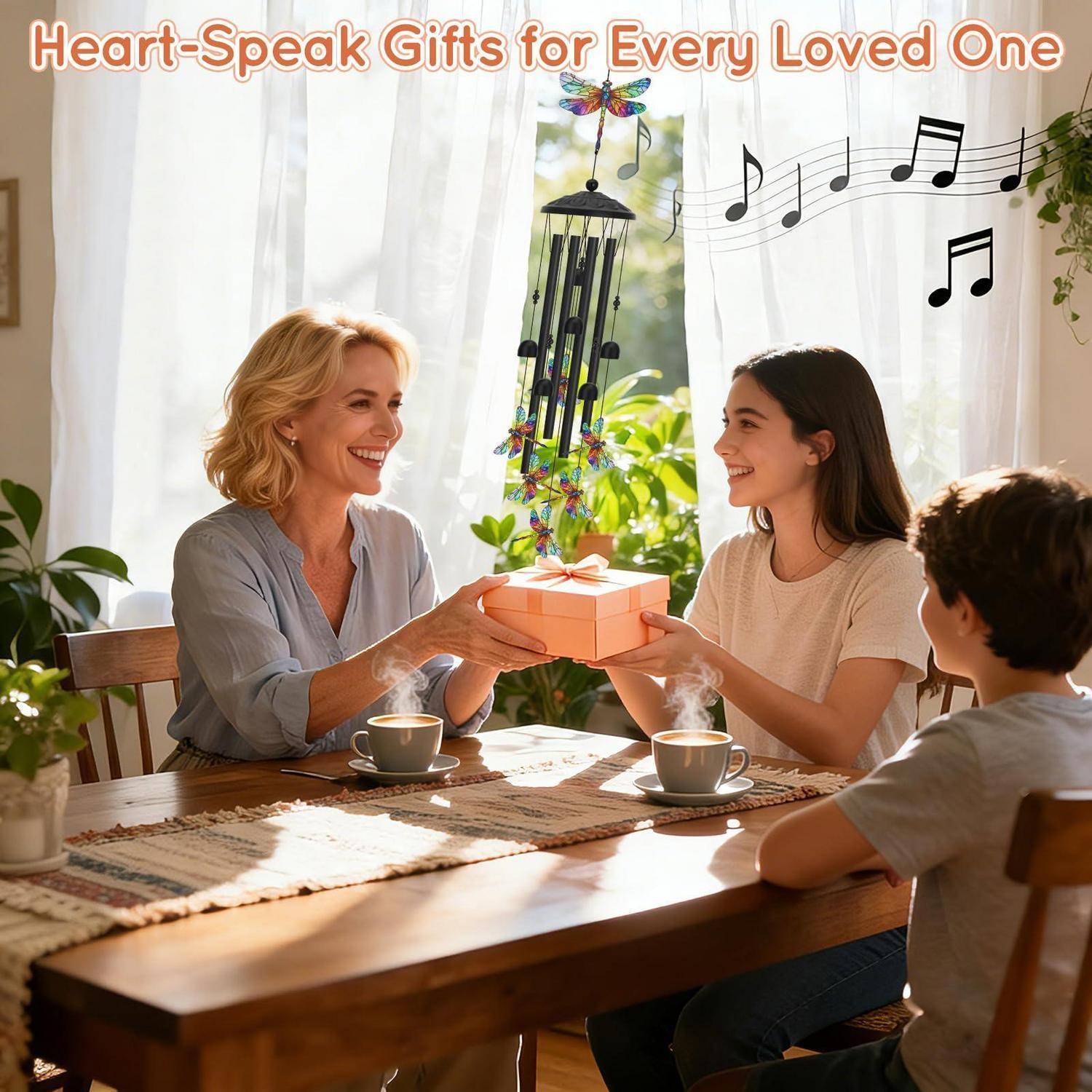 Eine Frau übergibt einer lächelnden Mädchen an einem sonnendurchfluteten Tisch eine Geschenkbox, mit dem Text „Heart-Speak Gifts for Every Loved One" und Musiknoten-Grafiken.