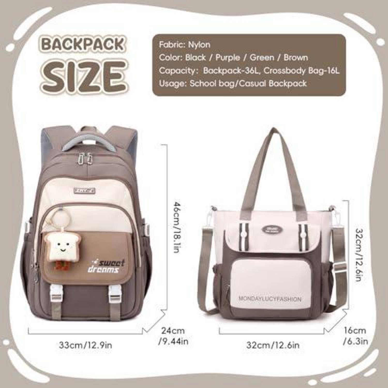 Rucksackgrößentabelle mit zwei Taschen und Abmessungen; Stoff ist Nylon, Farben sind Schwarz, Lila, Grün und Braun, Fassungsvermögen 36L oder 16L, für Schule oder Freizeit.