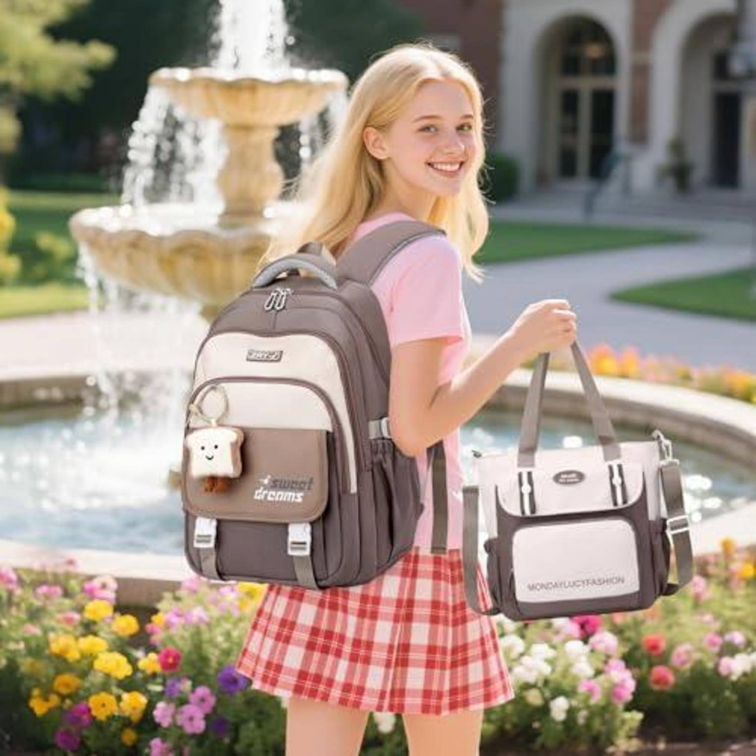 Lächelndes Schulmädchen draußen an einem Brunnen, mit einem Rucksack und einer Lunchbox, was auf eine Zurück-zur-Schule-Produktwerbung hindeutet.