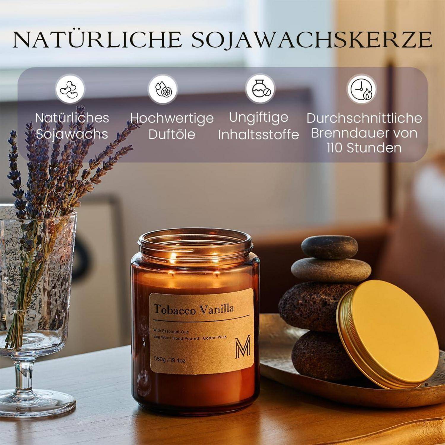 M&amp;SENSE Duftkerze Tabak-Vanille Sojawachs 550g 2-Docht 110h
