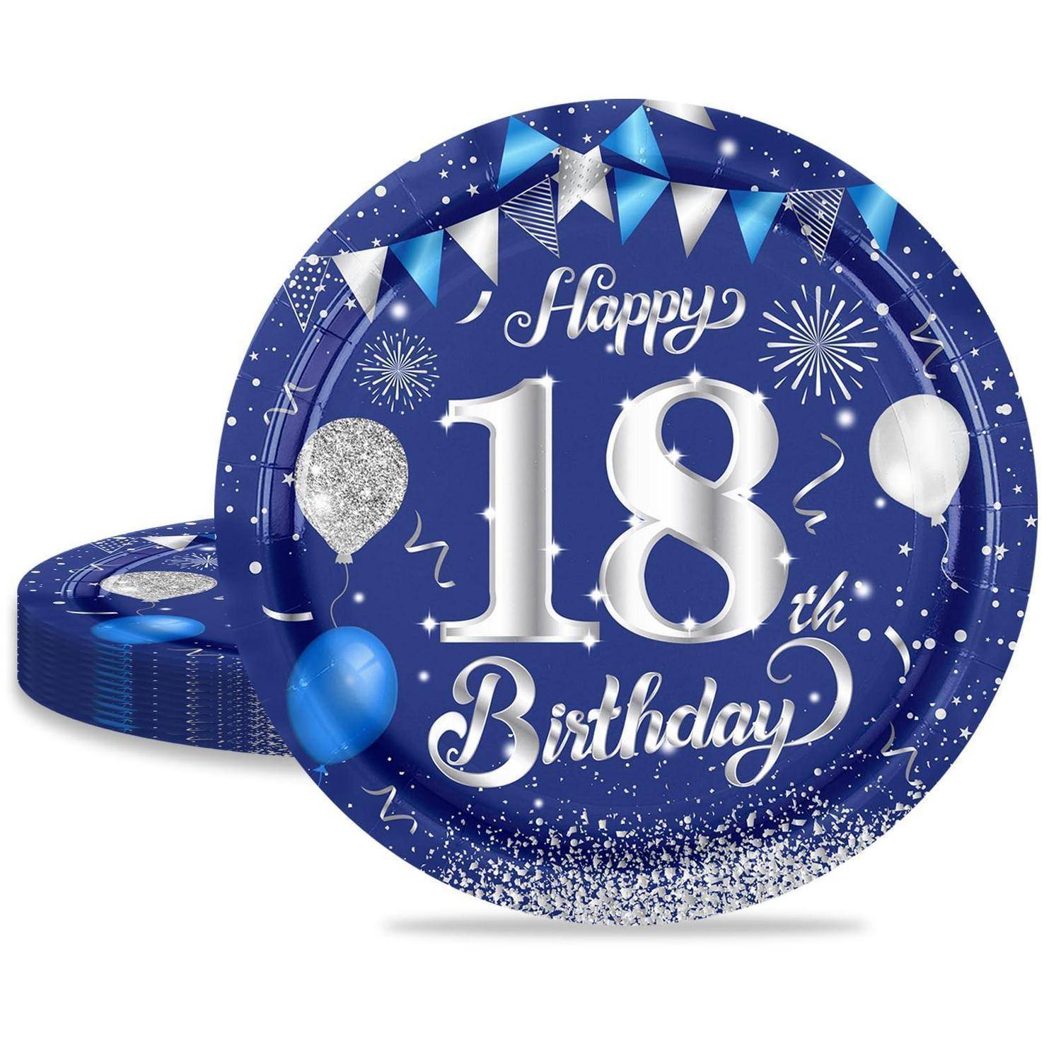 Blaue runde Teller zum 18. Geburtstag mit Text „Happy 18th Birthday