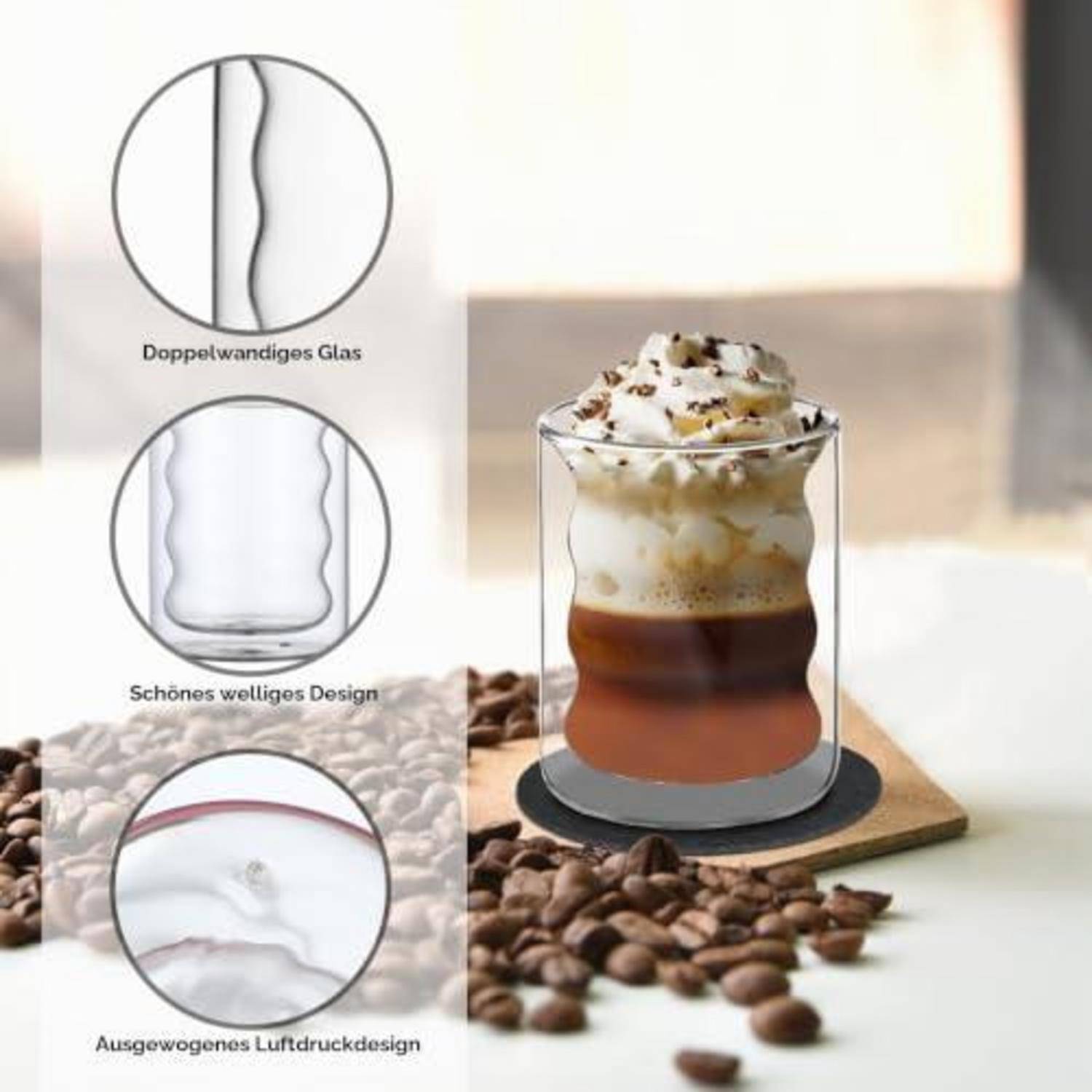 Doppelwandige Gläser 200ml mit Löffel &amp; Untersetzer, Spiraldesign