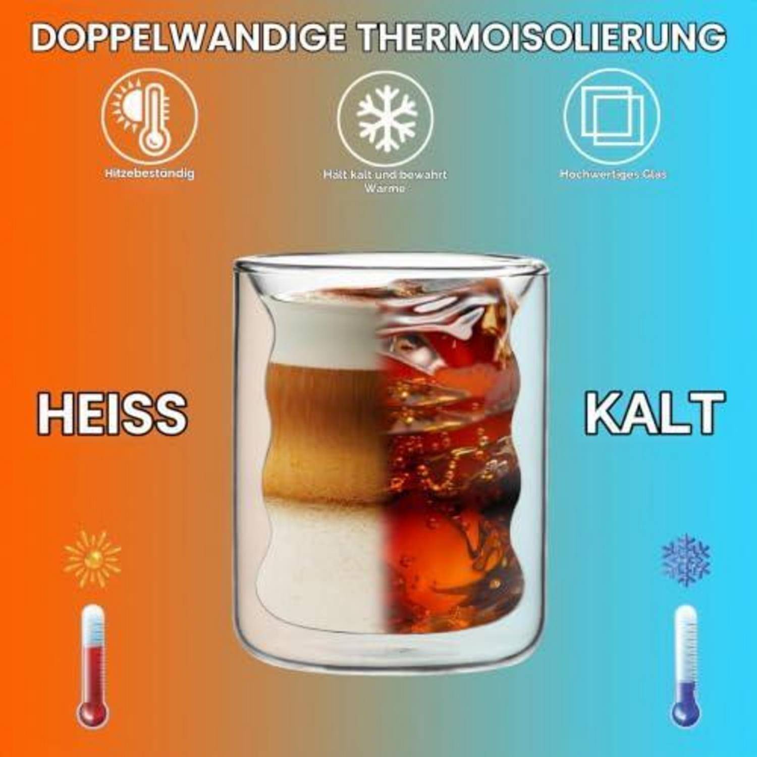 Werbebild einer doppelwandigen Thermoskanne mit dem Etikett „DOPPELWANDIGE THERMOSOLIERUNG", das heiße und kalte Getränke getrennt hält, mit Symbolen für hitzebeständig, wärmespeichernd und hochwertiges Glas.