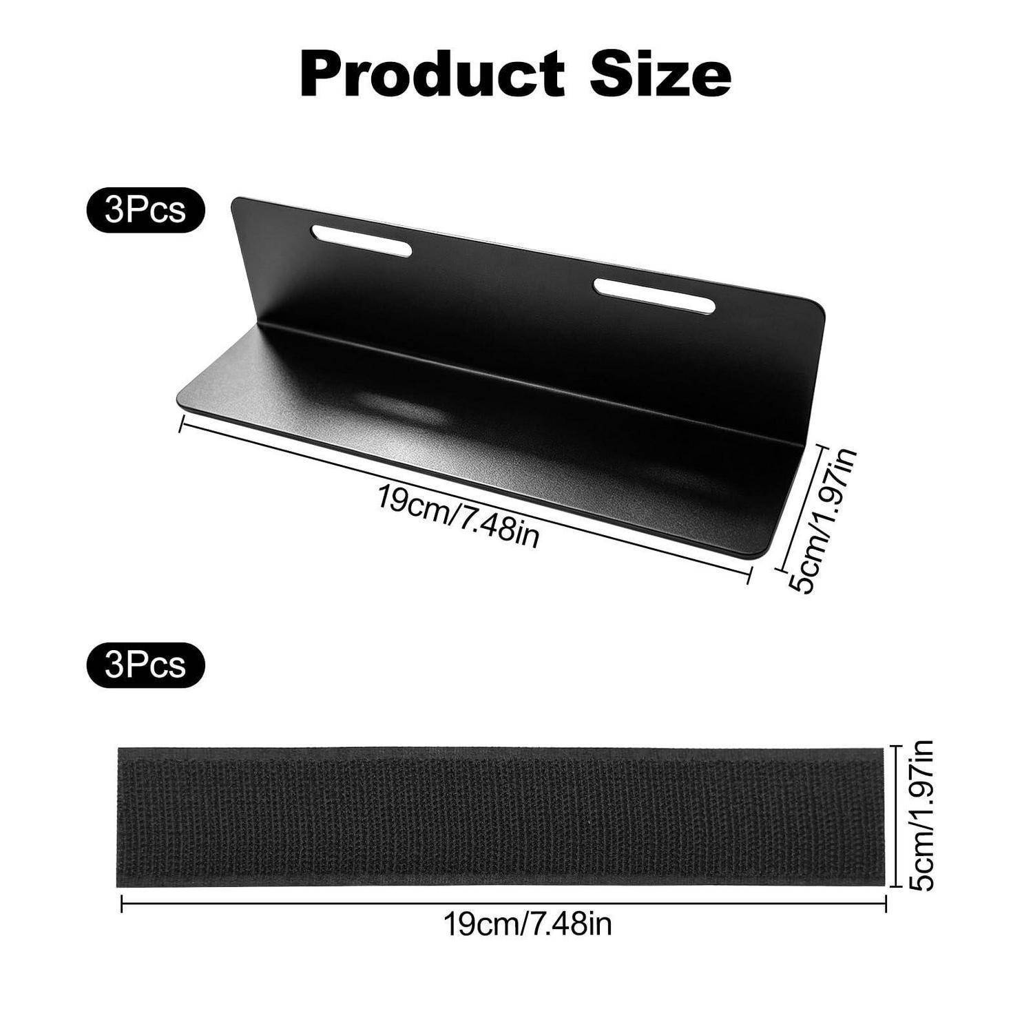Produktgrößendiagramm, das eine schwarze Metallwandhalterung und einen Riemen zeigt, beide 19 cm lang und 5 cm breit, mit jeweils 3 Stück gekennzeichnet.
