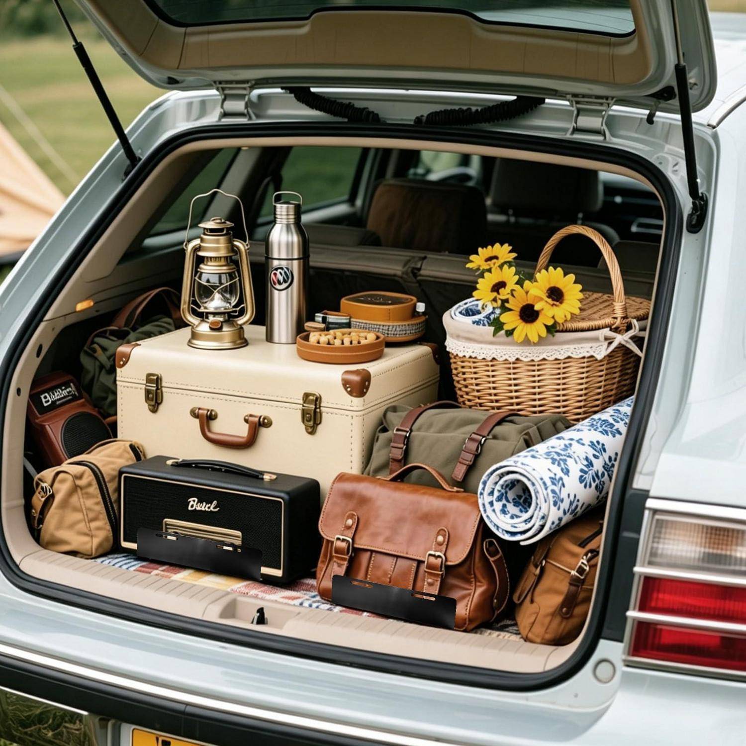 Ein gepackter SUV-Kofferraum mit Picknick- und Reisegepäck, einschließlich einer Kühlbox, einem Weidenkorb mit Sonnenblumen, einer Laterne, Taschen, einer aufgerollten Decke und einer Thermoskanne.